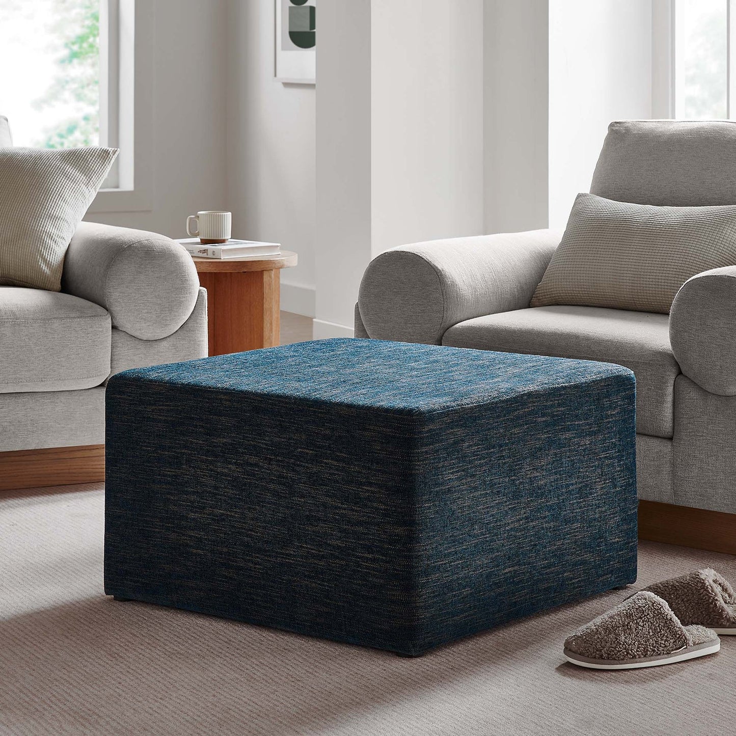 Callum Large 28" Square Woven Heathered Fabric Upholstered Ottoman in Heathered Weave Azure β Stylish and Comfortable Accent Piece for Modern Living Spaces