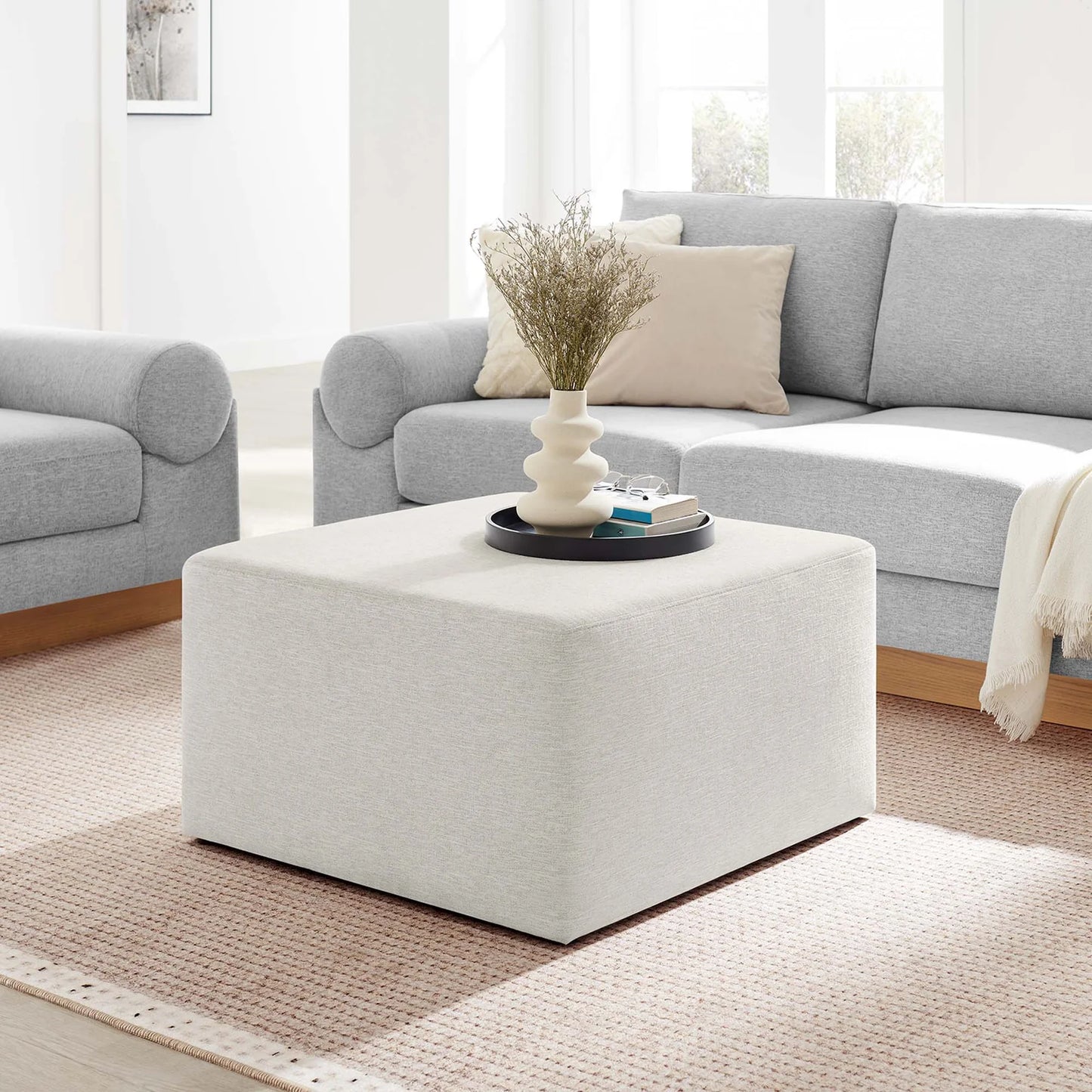 Callum Large 28" Square Woven Heathered Fabric Upholstered Ottoman in Heathered Weave Azure β Stylish and Comfortable Accent Piece for Modern Living Spaces