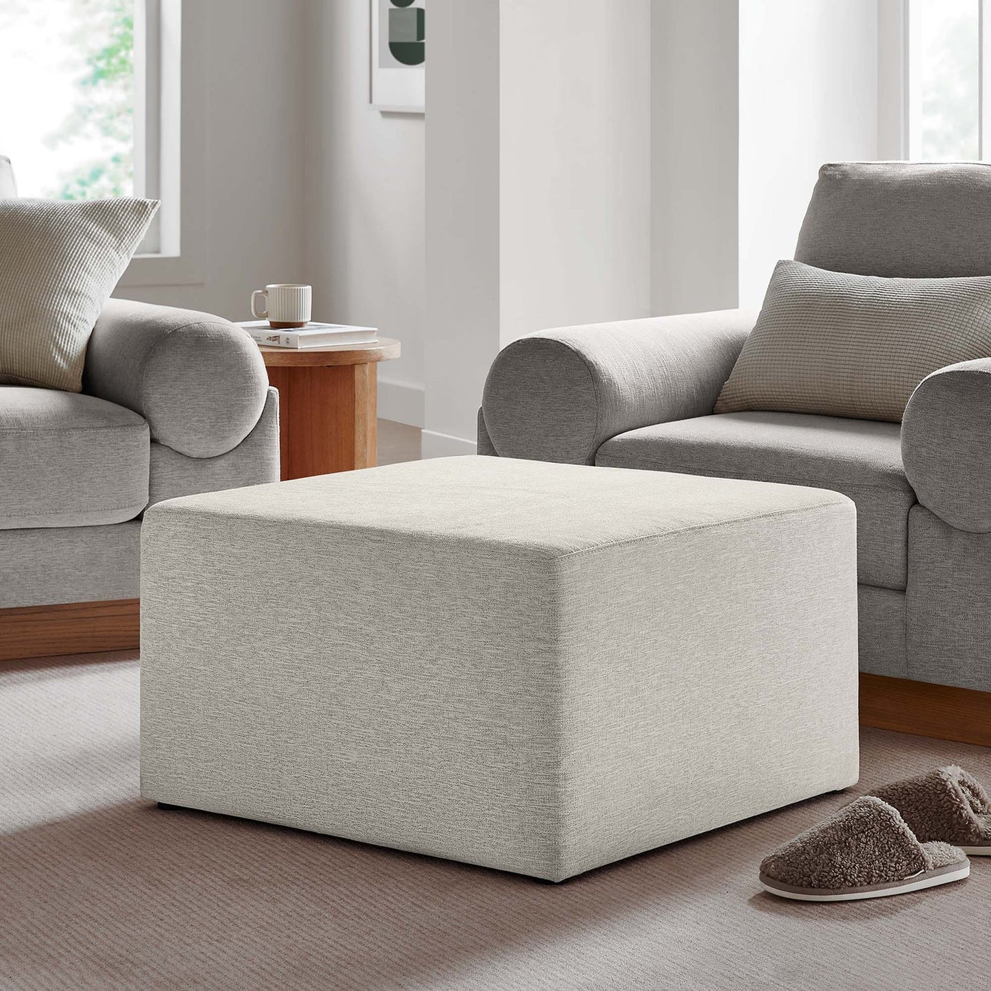 Callum Large 28" Square Woven Heathered Fabric Upholstered Ottoman in Heathered Weave Azure β Stylish and Comfortable Accent Piece for Modern Living Spaces