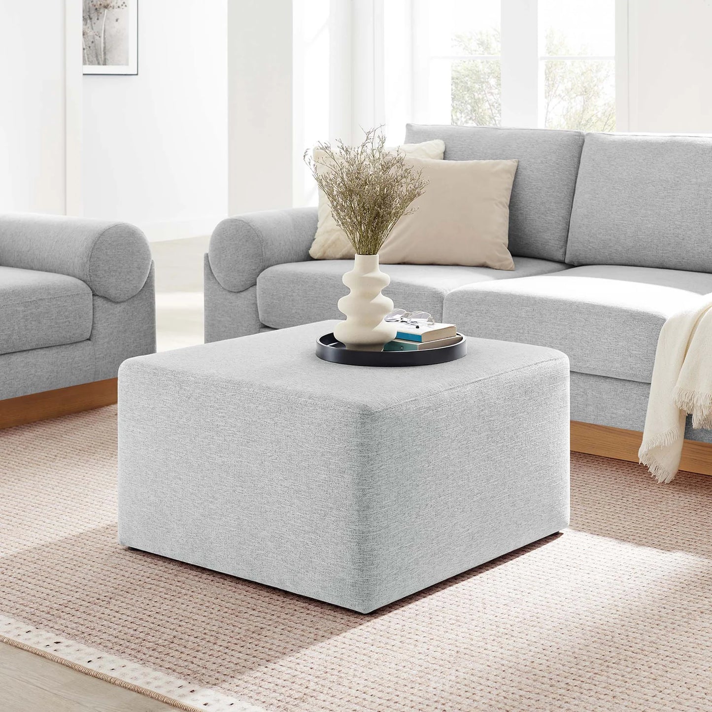 Callum Large 28" Square Woven Heathered Fabric Upholstered Ottoman in Heathered Weave Azure β Stylish and Comfortable Accent Piece for Modern Living Spaces