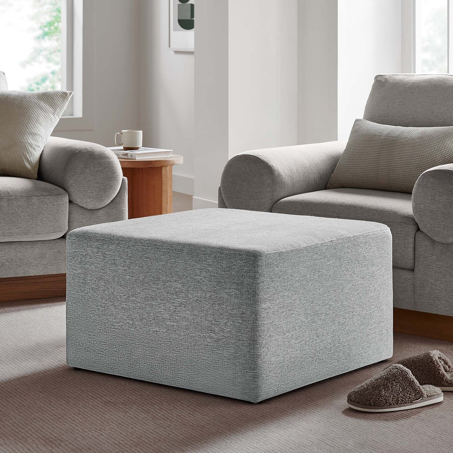 Callum Large 28" Square Woven Heathered Fabric Upholstered Ottoman in Heathered Weave Azure β Stylish and Comfortable Accent Piece for Modern Living Spaces
