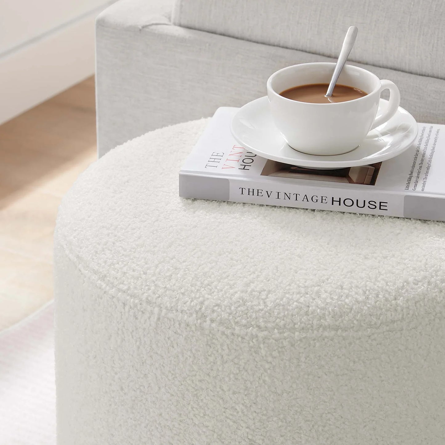Tilden 16" Round Sherpa Upholstered Ottoman in Ivory Natural – Cozy and Stylish Accent Piece for Modern Living Spaces