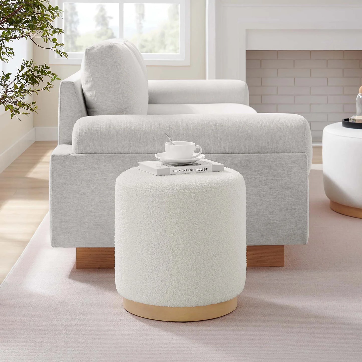 Tilden 16" Round Sherpa Upholstered Ottoman in Ivory Natural – Cozy and Stylish Accent Piece for Modern Living Spaces