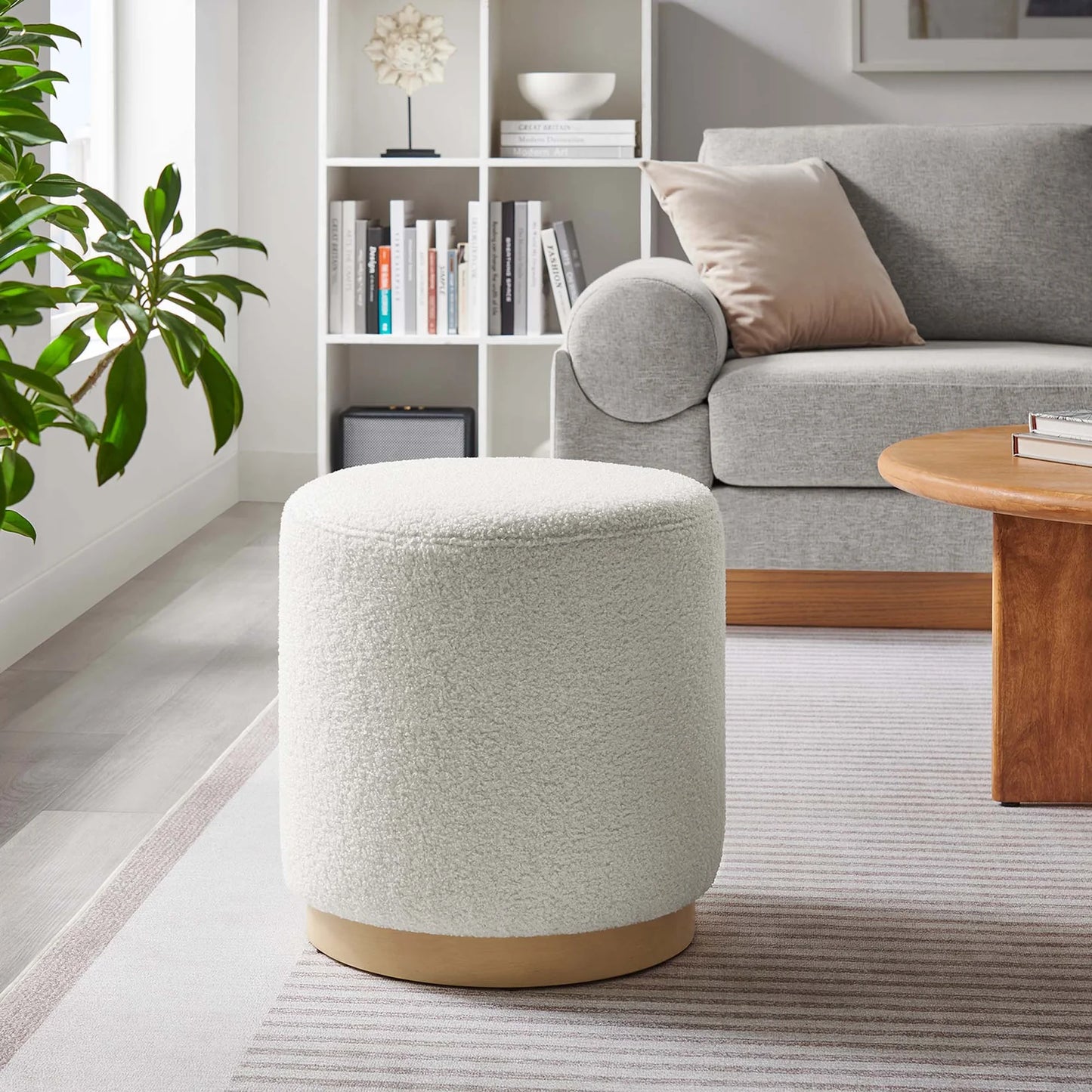 Tilden 16" Round Sherpa Upholstered Ottoman in Ivory Natural – Cozy and Stylish Accent Piece for Modern Living Spaces