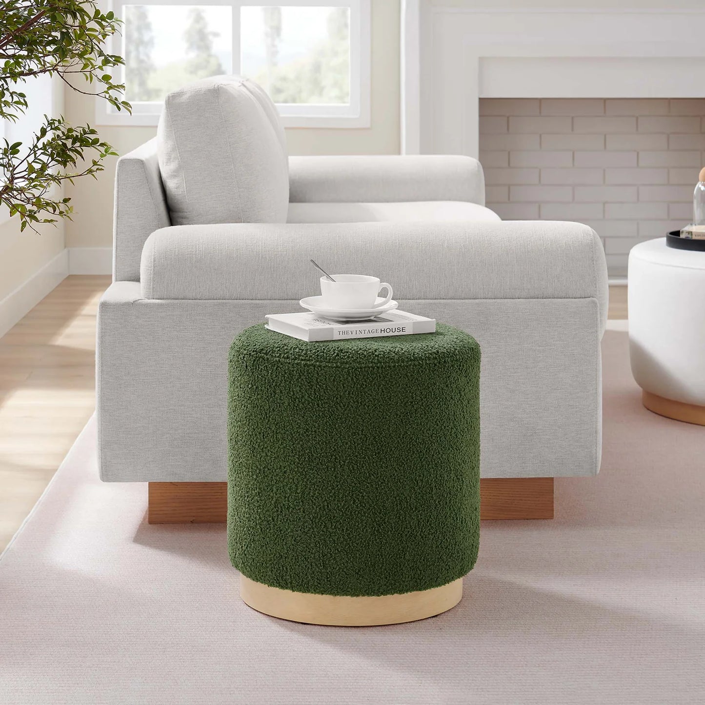 Tilden 16" Round Sherpa Upholstered Ottoman in Ivory Natural – Cozy and Stylish Accent Piece for Modern Living Spaces