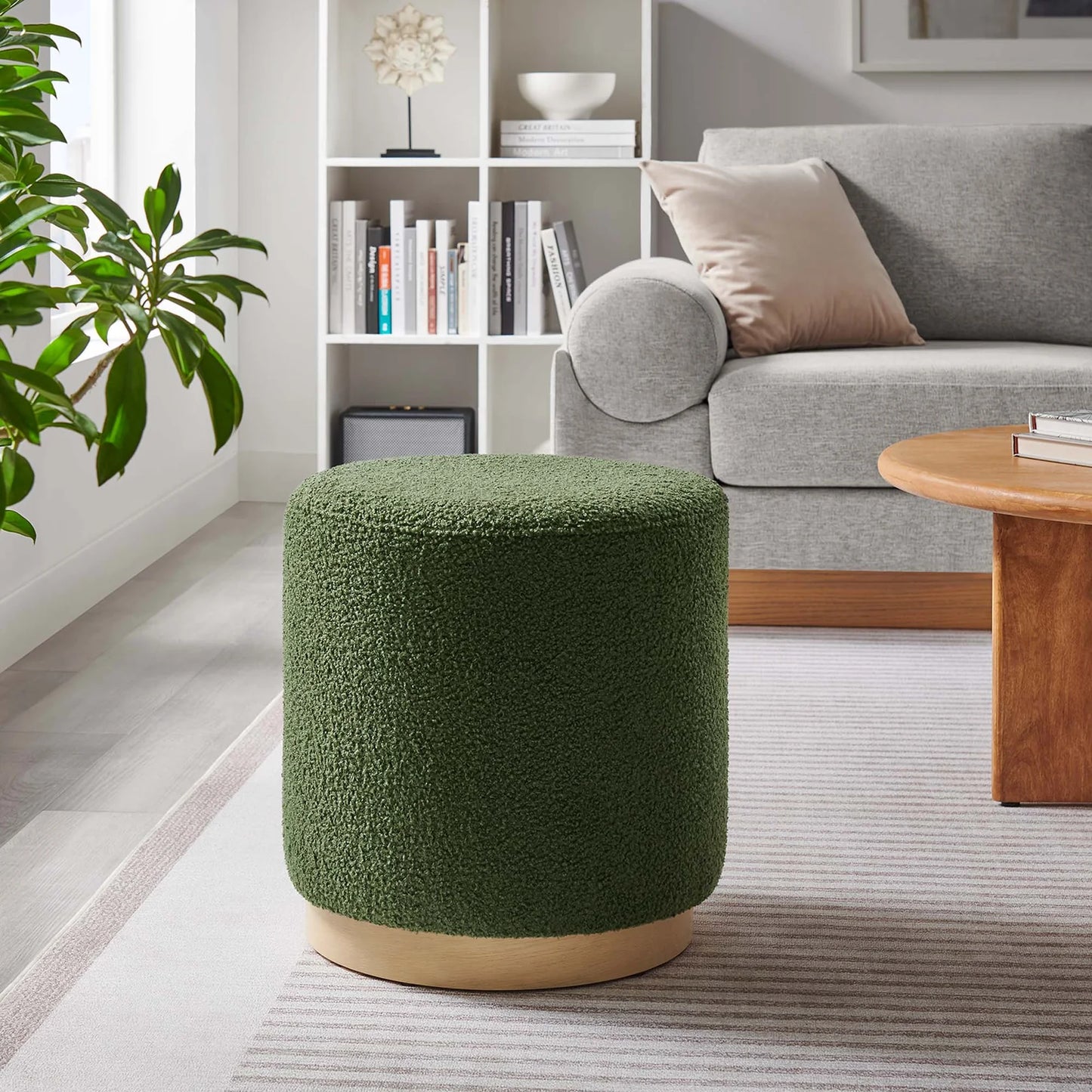 Tilden 16" Round Sherpa Upholstered Ottoman in Ivory Natural – Cozy and Stylish Accent Piece for Modern Living Spaces