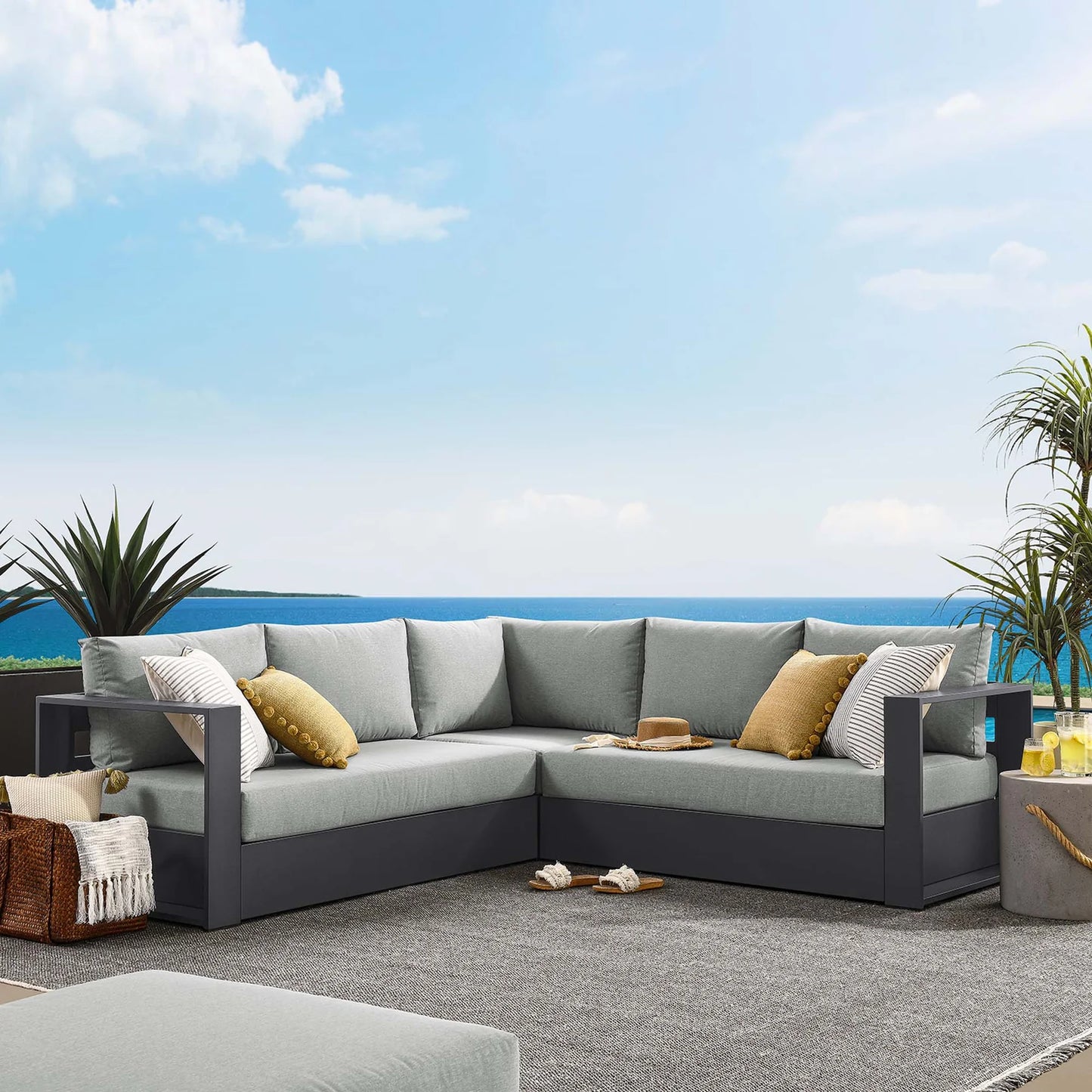 Tahoe 3-Piece Outdoor Patio Powder-Coated Aluminum Sectional Sofa Set in Gray Charcoal β Durable and Stylish Seating for Comfortable Outdoor Living