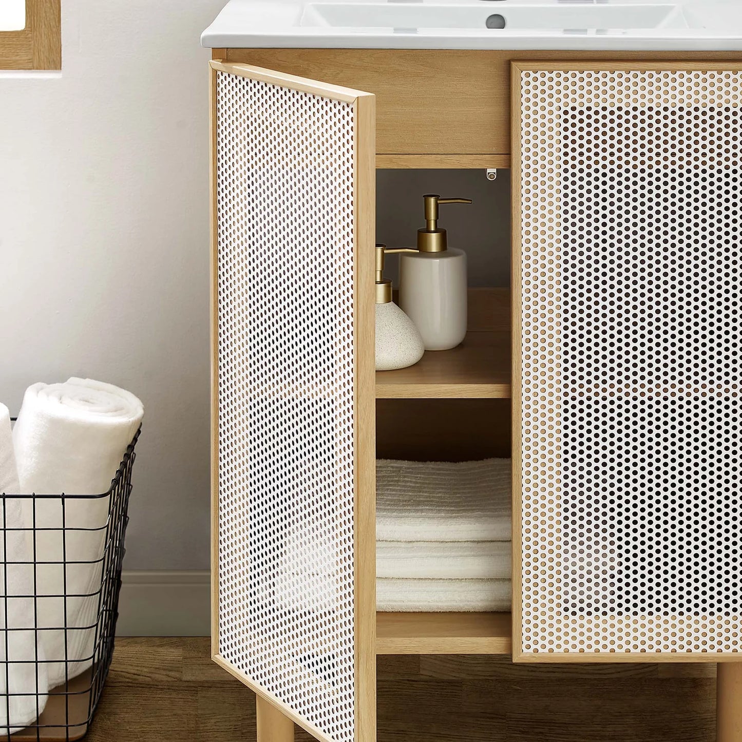 Calla 24" Modern Perforated Metal Bathroom Vanity – Featuring a Sleek Design with an Adjustable Shelf for Convenient Storage and a Durable Ceramic Basin, Perfect for Contemporary Bathrooms