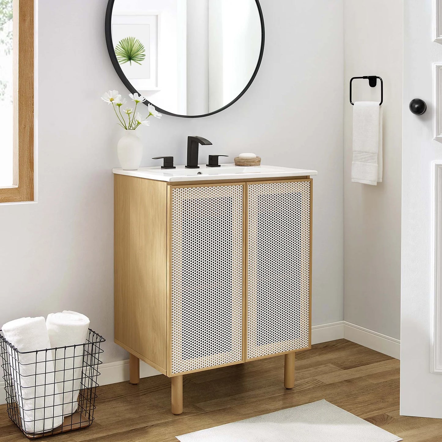 Calla 24" Modern Perforated Metal Bathroom Vanity – Featuring a Sleek Design with an Adjustable Shelf for Convenient Storage and a Durable Ceramic Basin, Perfect for Contemporary Bathrooms