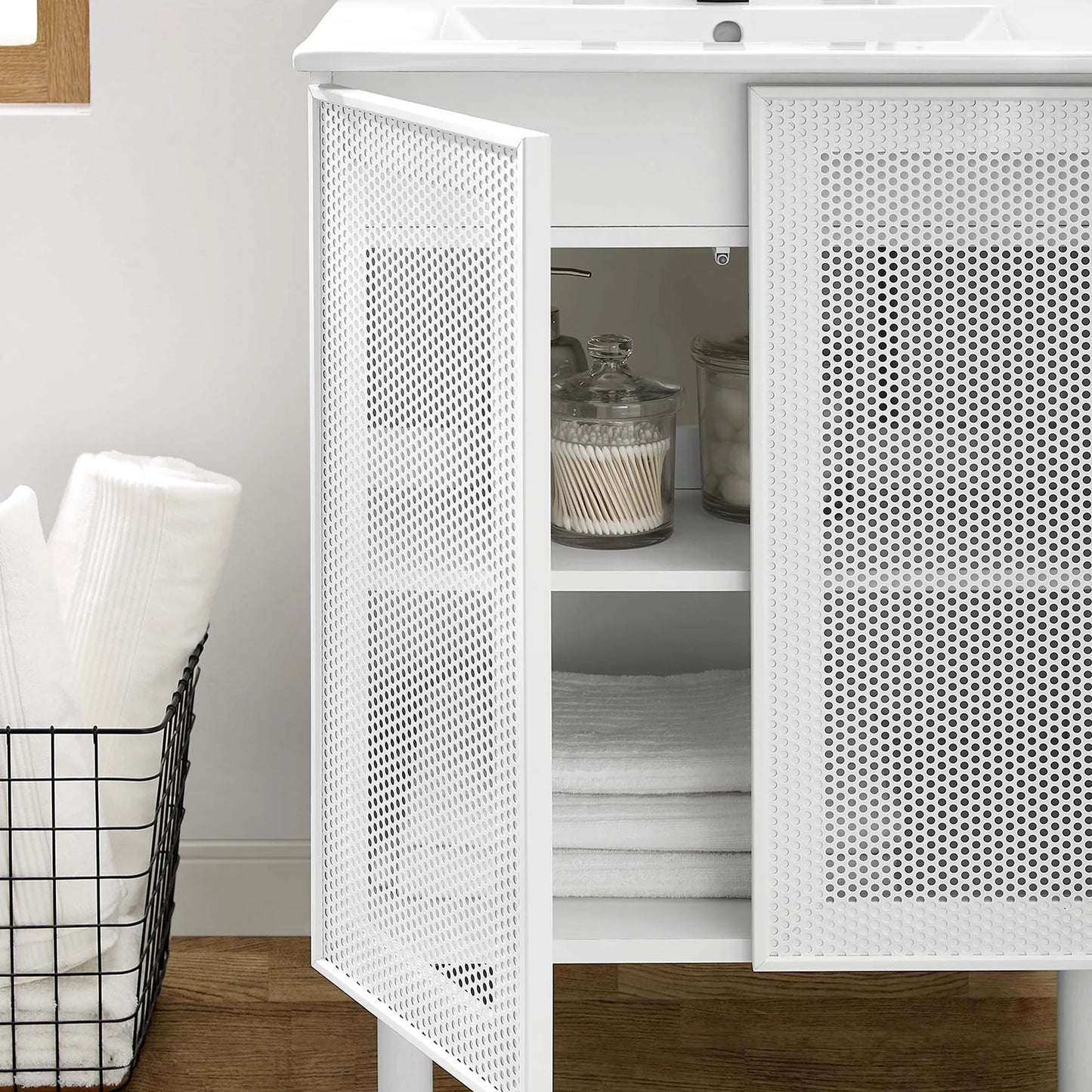 Calla 24" Modern Perforated Metal Bathroom Vanity – Featuring a Sleek Design with an Adjustable Shelf for Convenient Storage and a Durable Ceramic Basin, Perfect for Contemporary Bathrooms