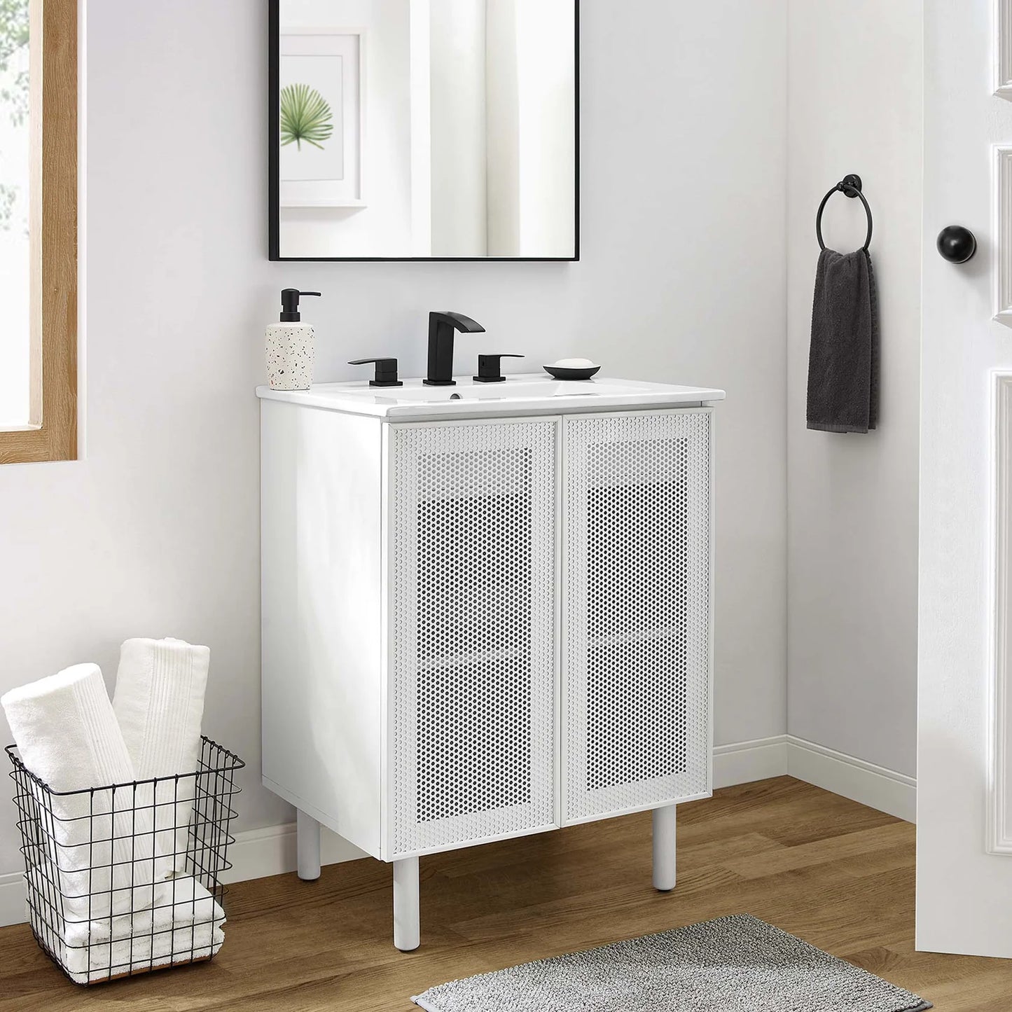Calla 24" Modern Perforated Metal Bathroom Vanity – Featuring a Sleek Design with an Adjustable Shelf for Convenient Storage and a Durable Ceramic Basin, Perfect for Contemporary Bathrooms