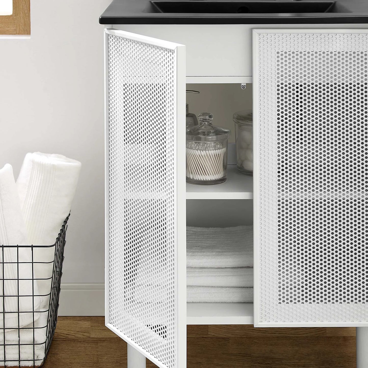 Calla 24" Modern Perforated Metal Bathroom Vanity – Featuring a Sleek Design with an Adjustable Shelf for Convenient Storage and a Durable Ceramic Basin, Perfect for Contemporary Bathrooms