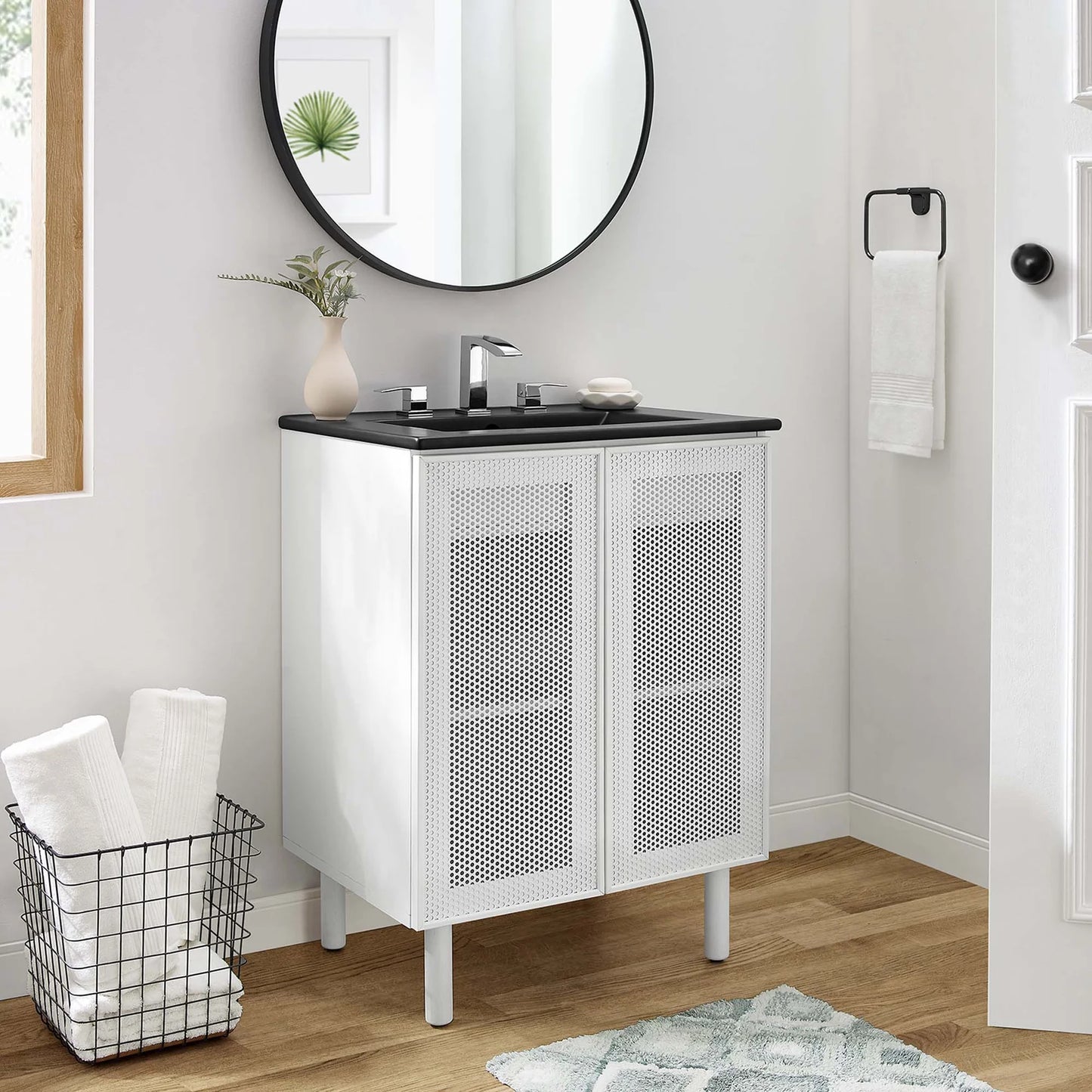 Calla 24" Modern Perforated Metal Bathroom Vanity – Featuring a Sleek Design with an Adjustable Shelf for Convenient Storage and a Durable Ceramic Basin, Perfect for Contemporary Bathrooms