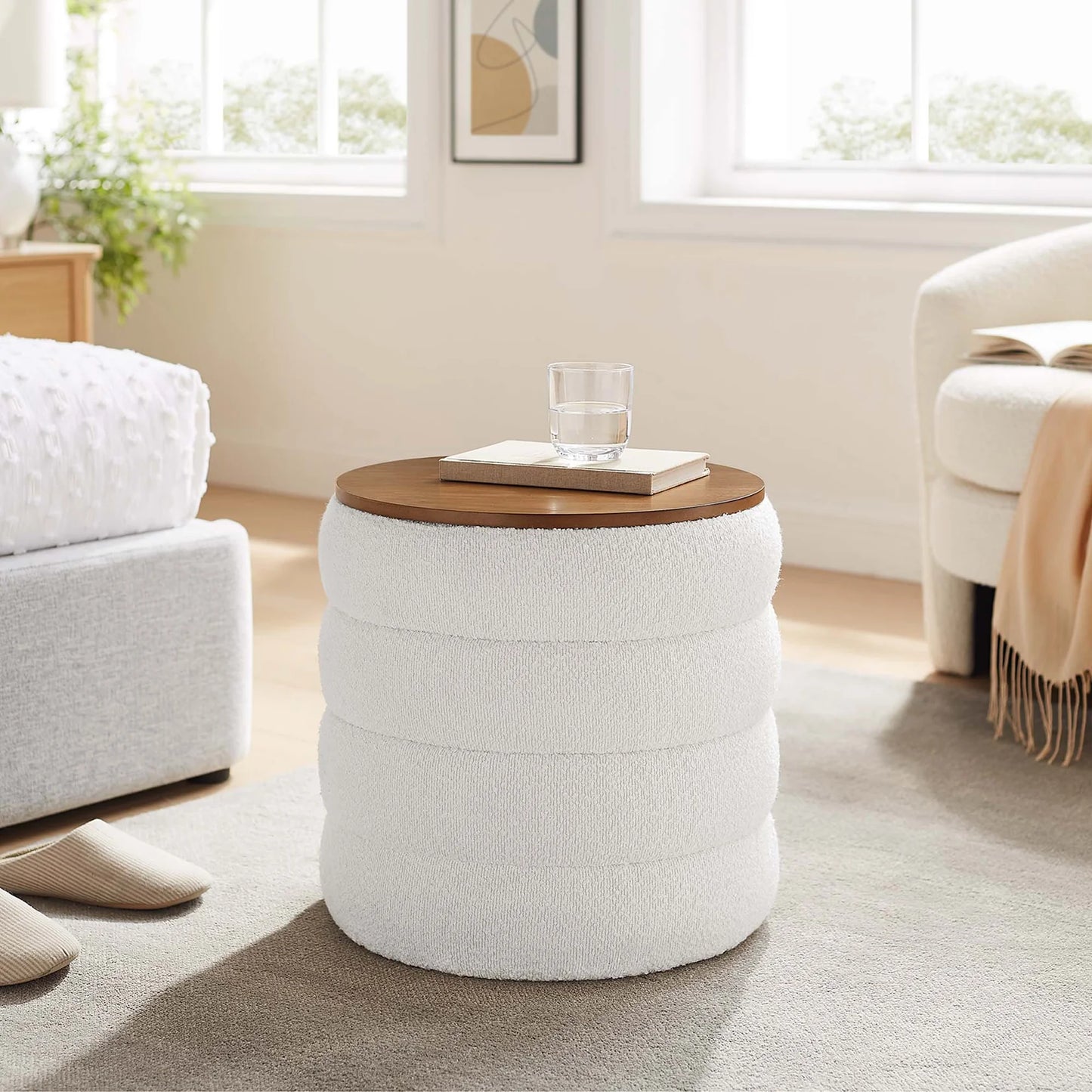 Mezzo Round Boucle Fabric Storage Ottoman in Cloud – Stylish and Functional Accent with Hidden Storage for Modern Living Spaces