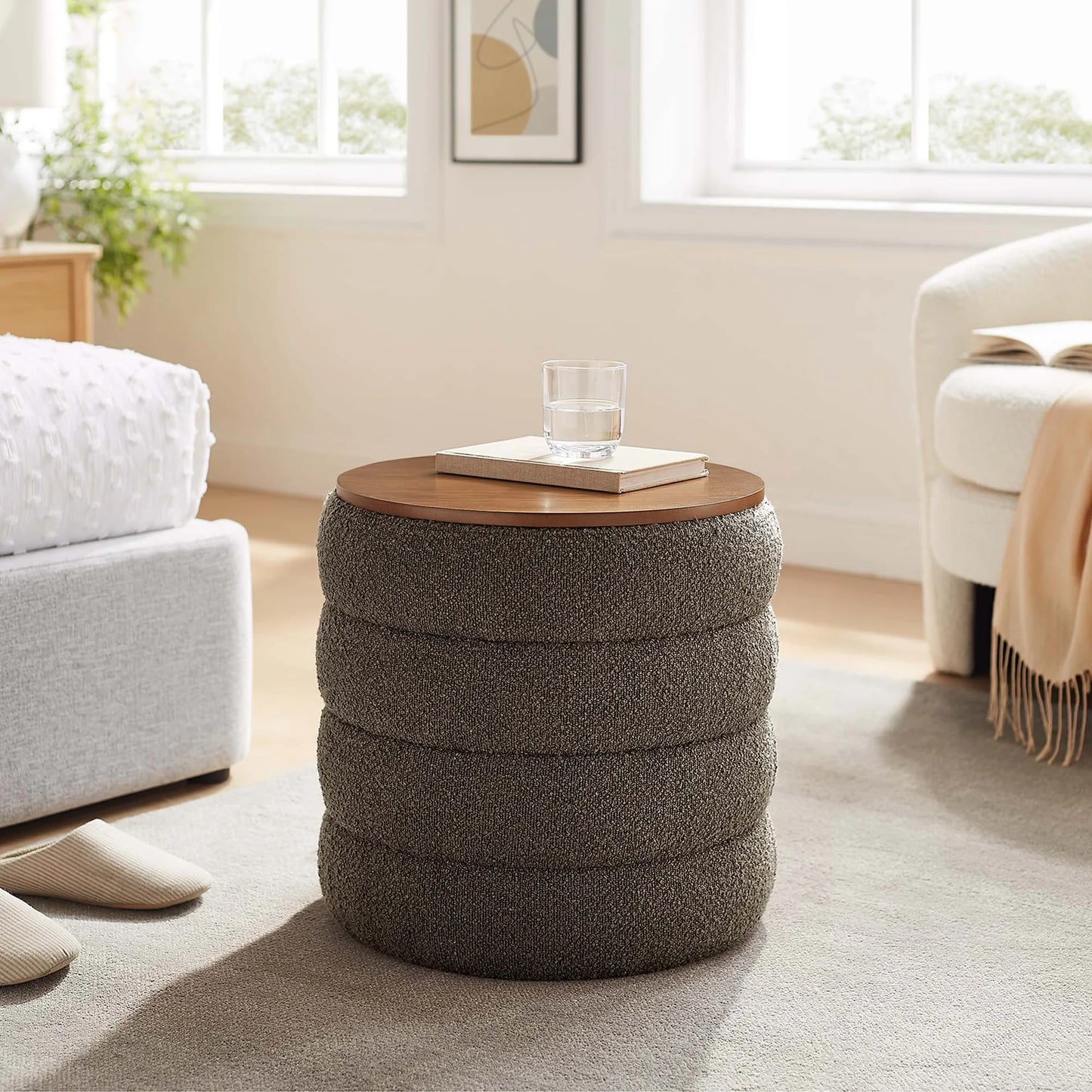 Mezzo Round Boucle Fabric Storage Ottoman in Cloud – Stylish and Functional Accent with Hidden Storage for Modern Living Spaces