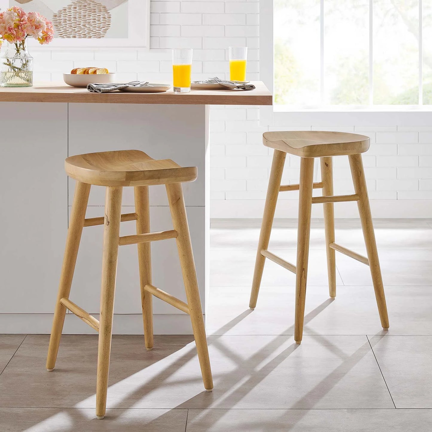 Saville Mango Wood Saddle Seat Stools Set of 2 β Backless, Tapered Legs, Black Counter Height