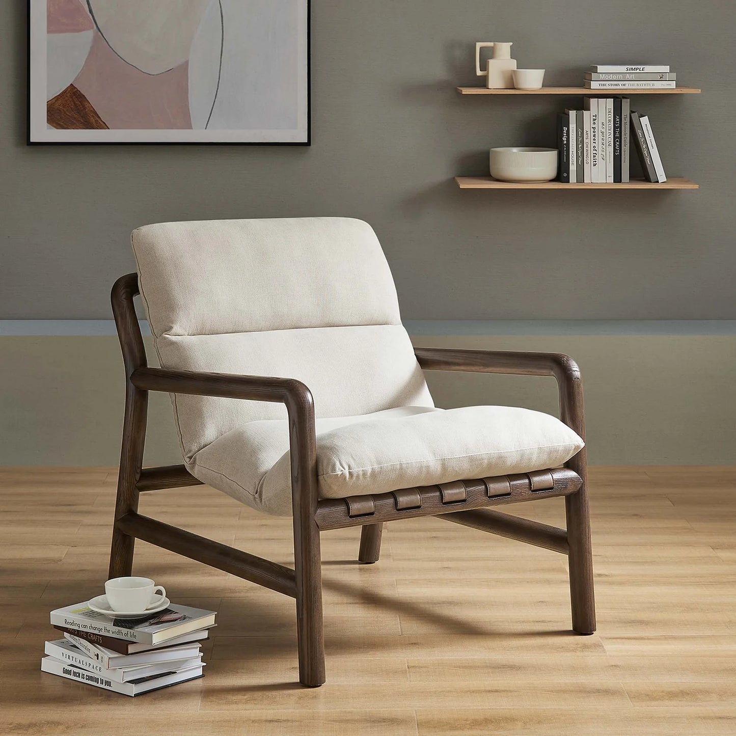 Paxton Wood Sling Chair with Vegan Leather Straps and Ash Wood Frame Comfort Cushion β Stylish and Comfortable Seating for Modern Interiors