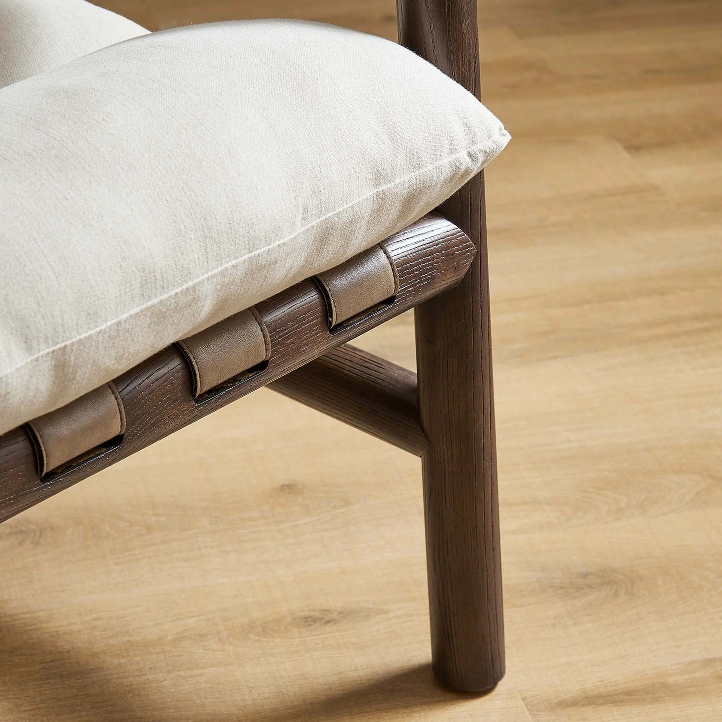 Paxton Wood Sling Chair with Vegan Leather Straps and Ash Wood Frame Comfort Cushion β Stylish and Comfortable Seating for Modern Interiors