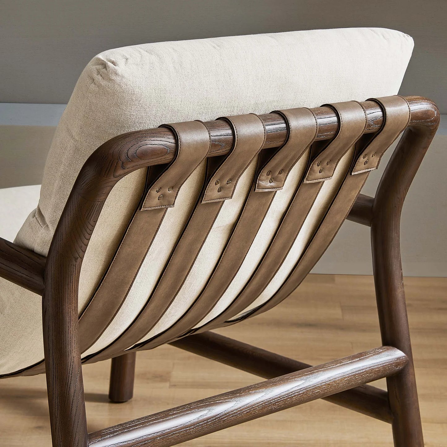Paxton Wood Sling Chair with Vegan Leather Straps and Ash Wood Frame Comfort Cushion β Stylish and Comfortable Seating for Modern Interiors