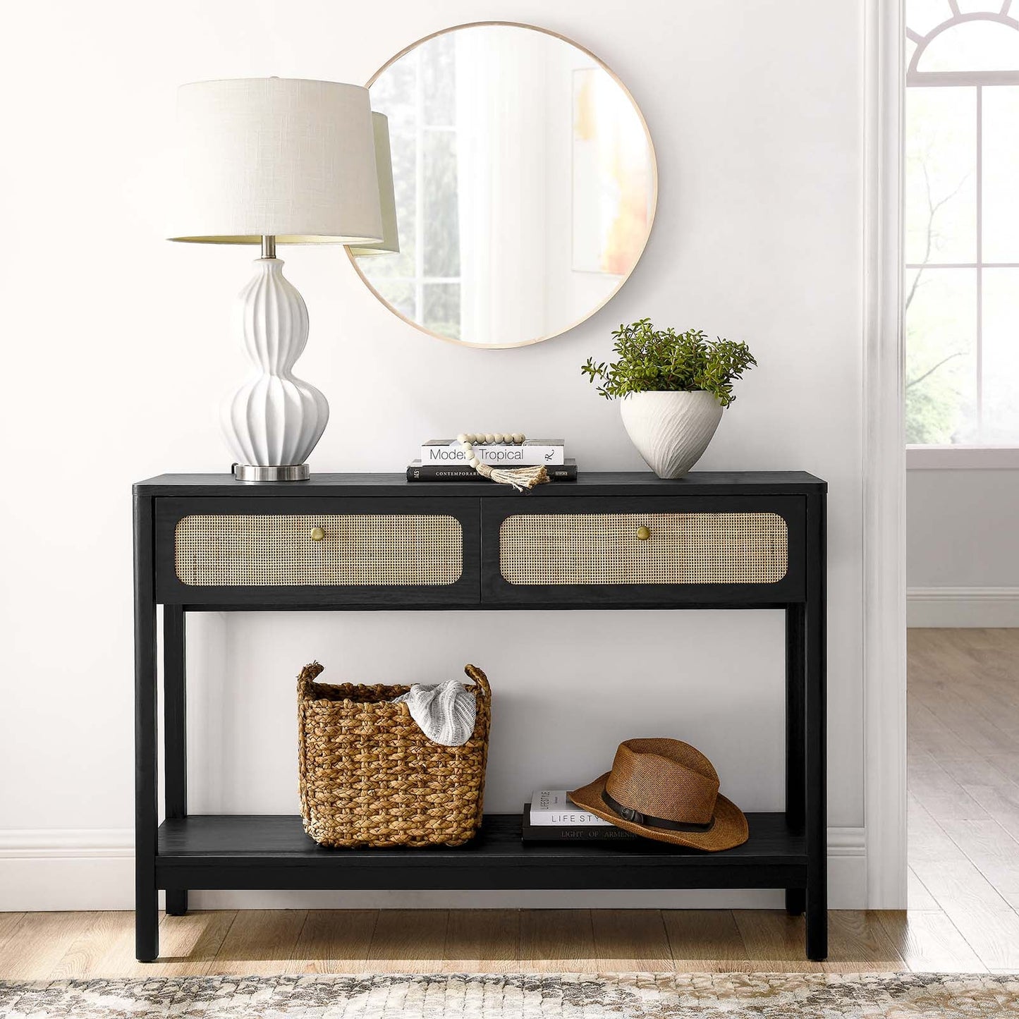 Chaucer Console Table – Chic Black Entryway or TV Stand with Rattan Drawers & Open Display Shelf