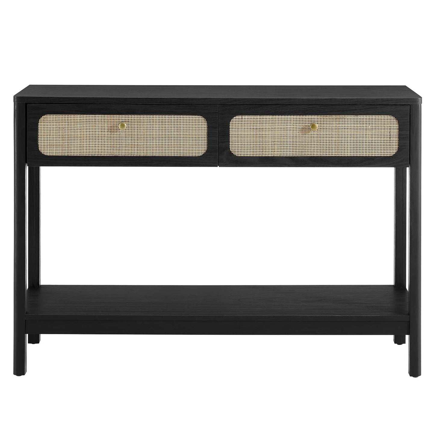 Chaucer Console Table β Chic Entryway and TV Stand with Rattan Drawers and Open Shelf for Display in Black