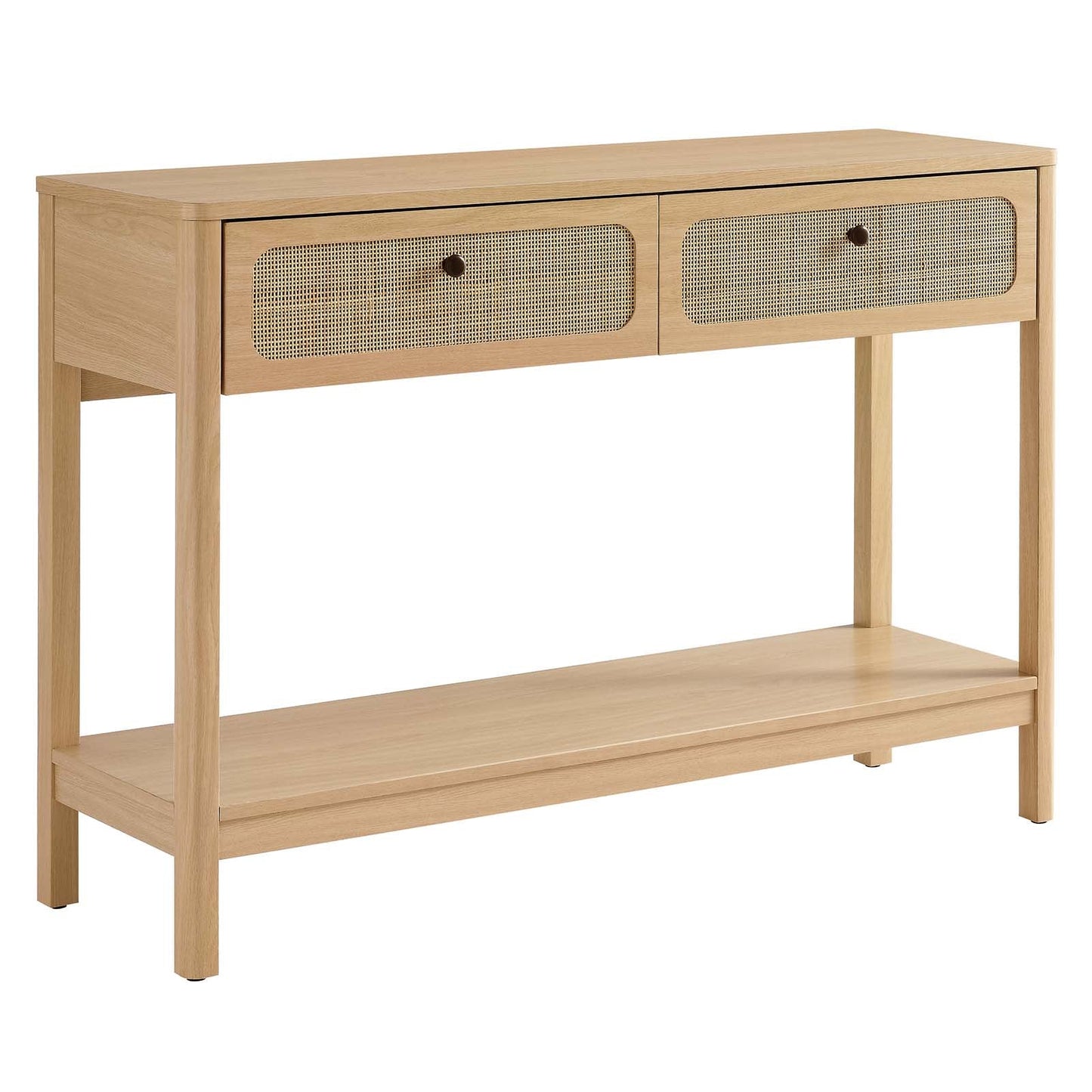 Chaucer Console Table β Chic Entryway and TV Stand with Rattan Drawers and Open Shelf for Display in Black
