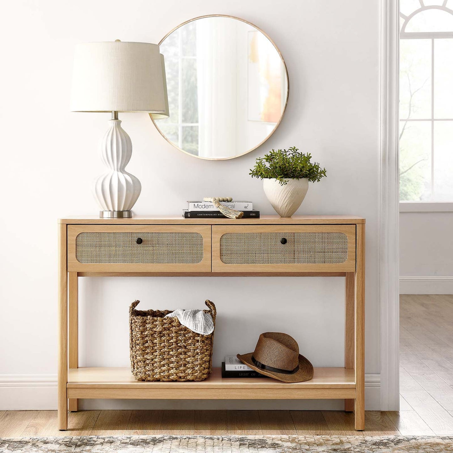 Chaucer Console Table – Chic Black Entryway or TV Stand with Rattan Drawers & Open Display Shelf