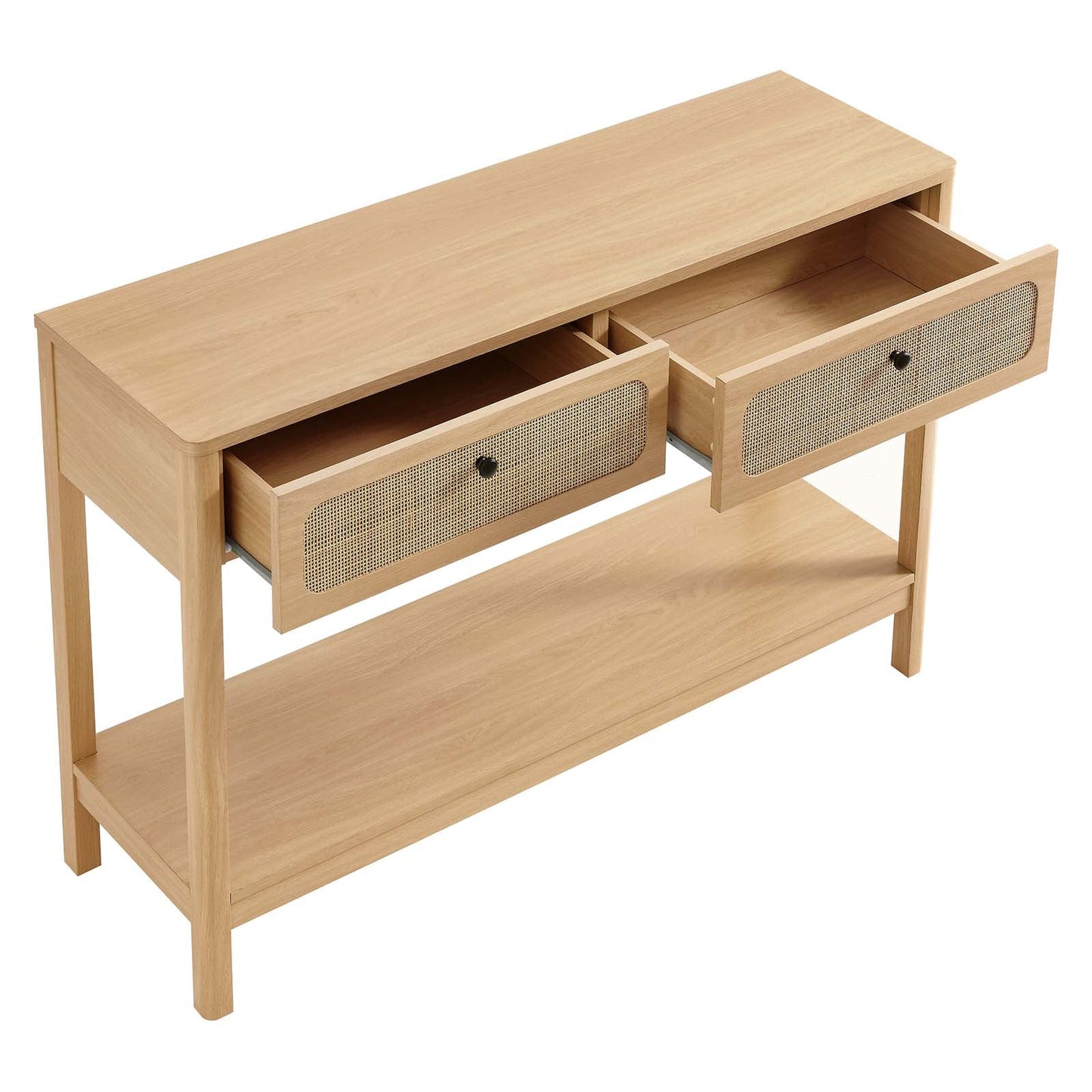 Chaucer Console Table β Chic Entryway and TV Stand with Rattan Drawers and Open Shelf for Display in Black