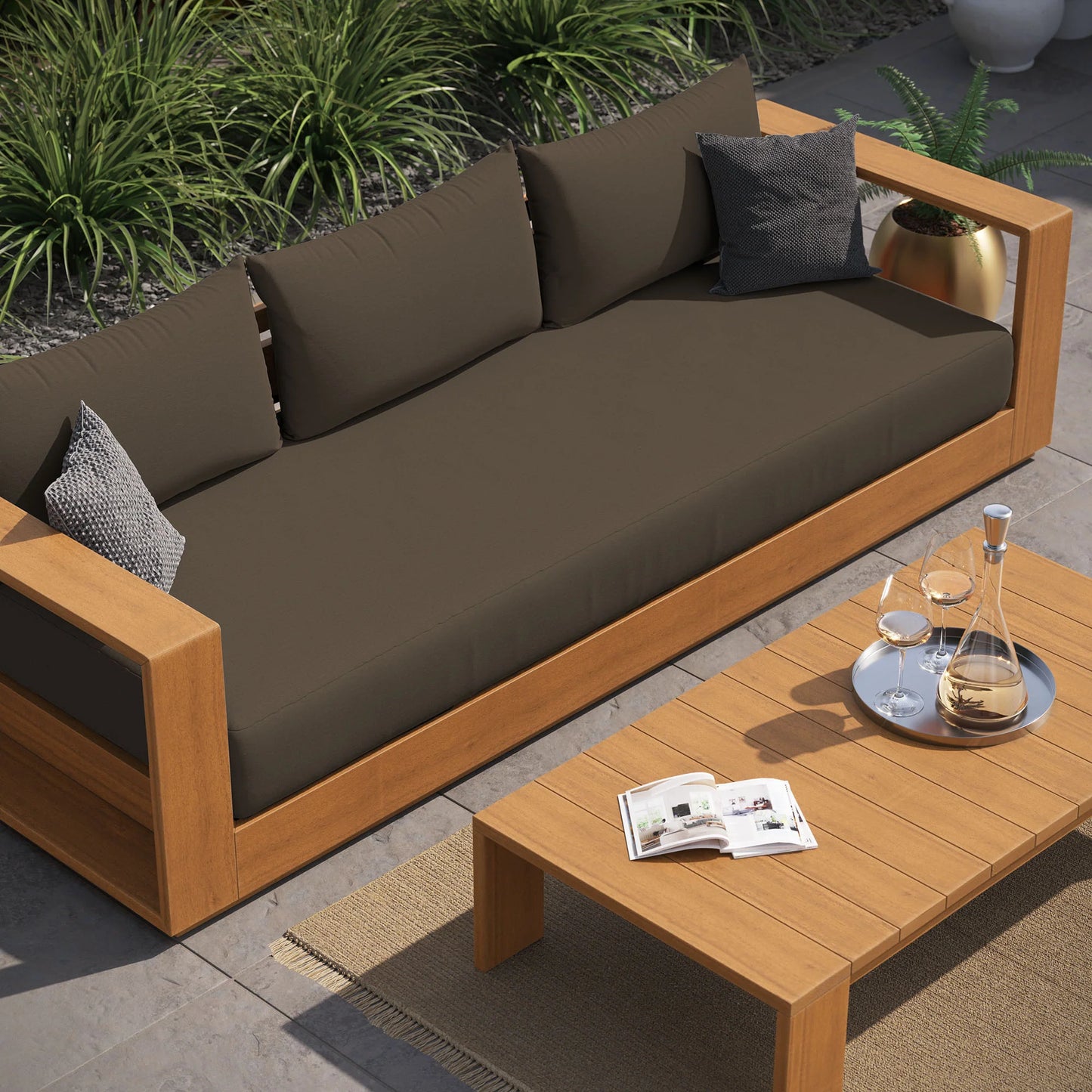 Tahoe 2-Piece Outdoor Patio Set – Acacia Wood Sofa and Coffee Table for Stylish Backyard Lounging