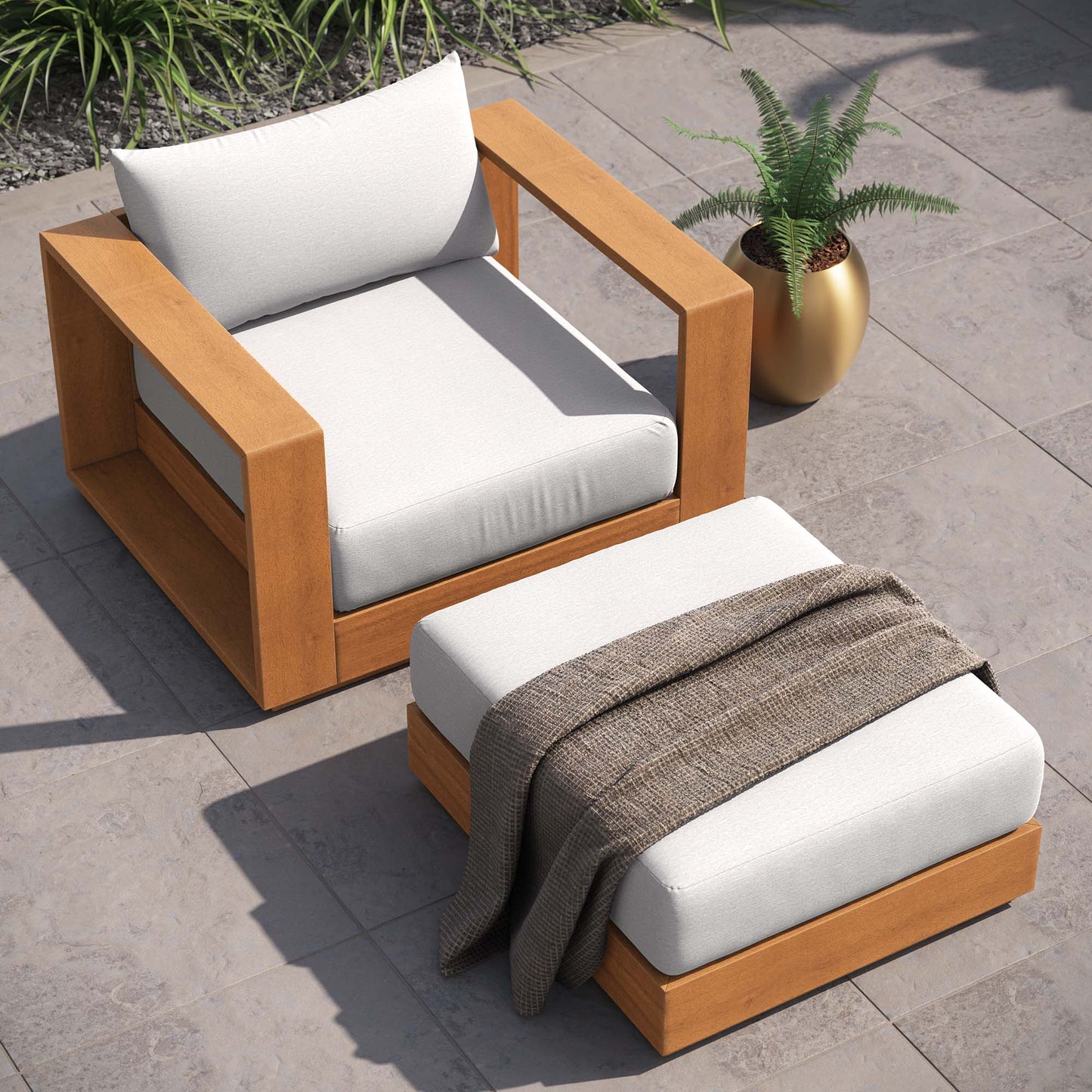 Tahoe 2-Piece Outdoor Patio Set – Acacia Wood Armchair and Ottoman for Relaxed Outdoor Living