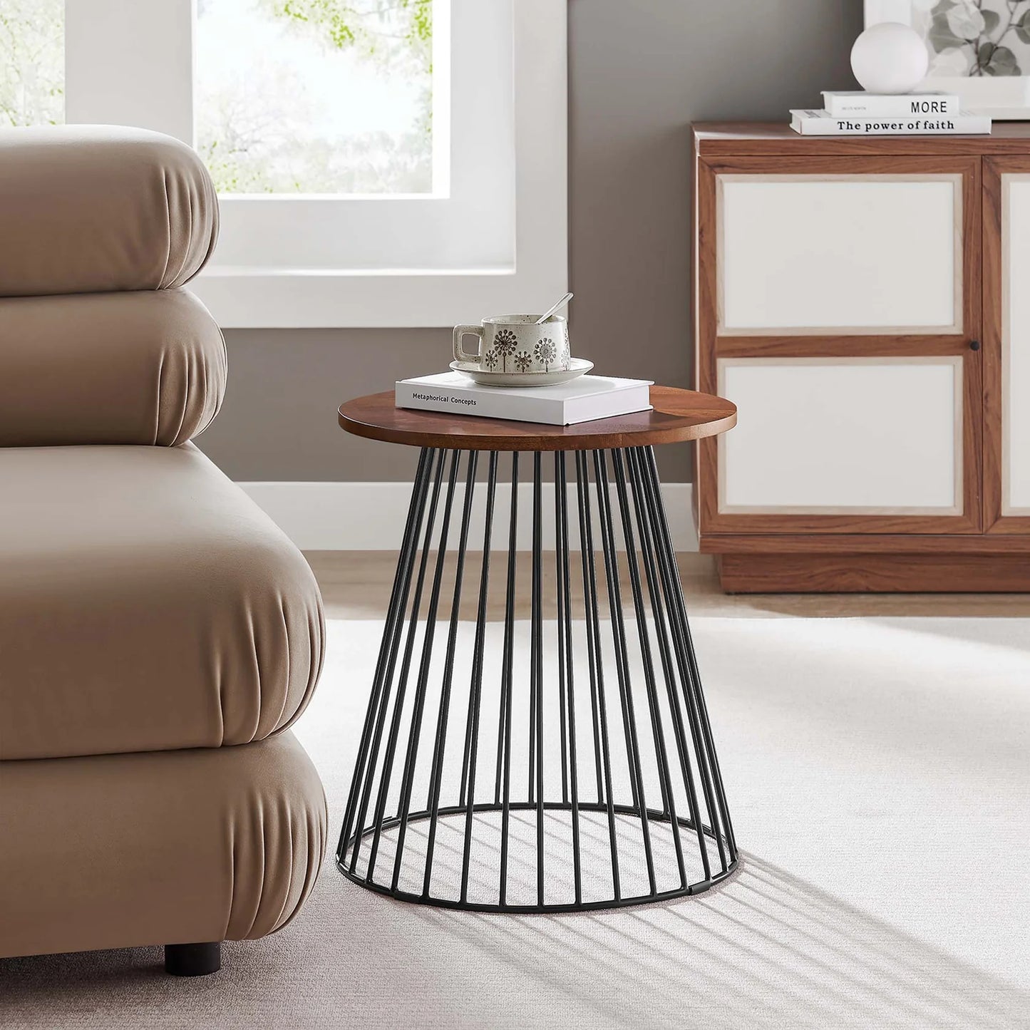 Valeo Round Wood and Metal Side Table in Walnut – Stylish and Durable Accent for Modern Living Spaces