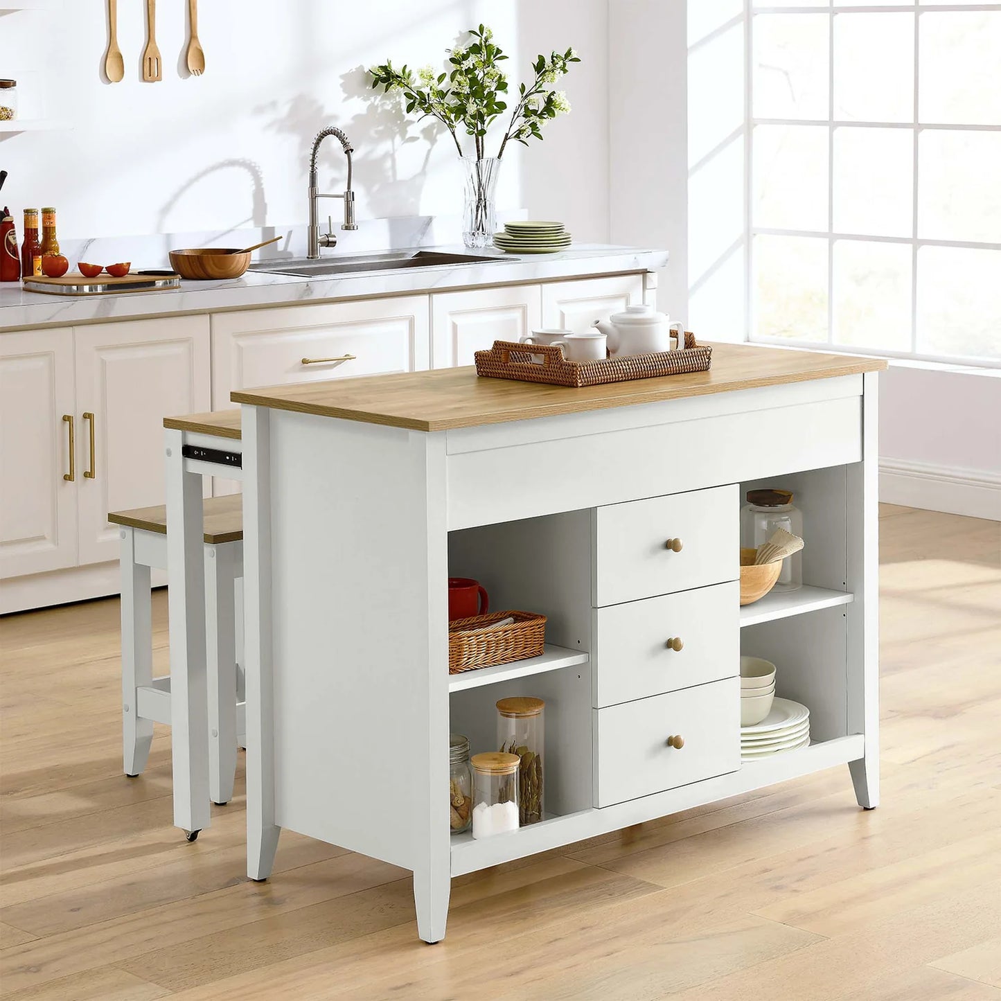 Farmstead 3-Piece Kitchen Island Set – Includes a Pull-Out Table and Adjustable Stools Offering a Versatile and Stylish Solution for Your Kitchen.
