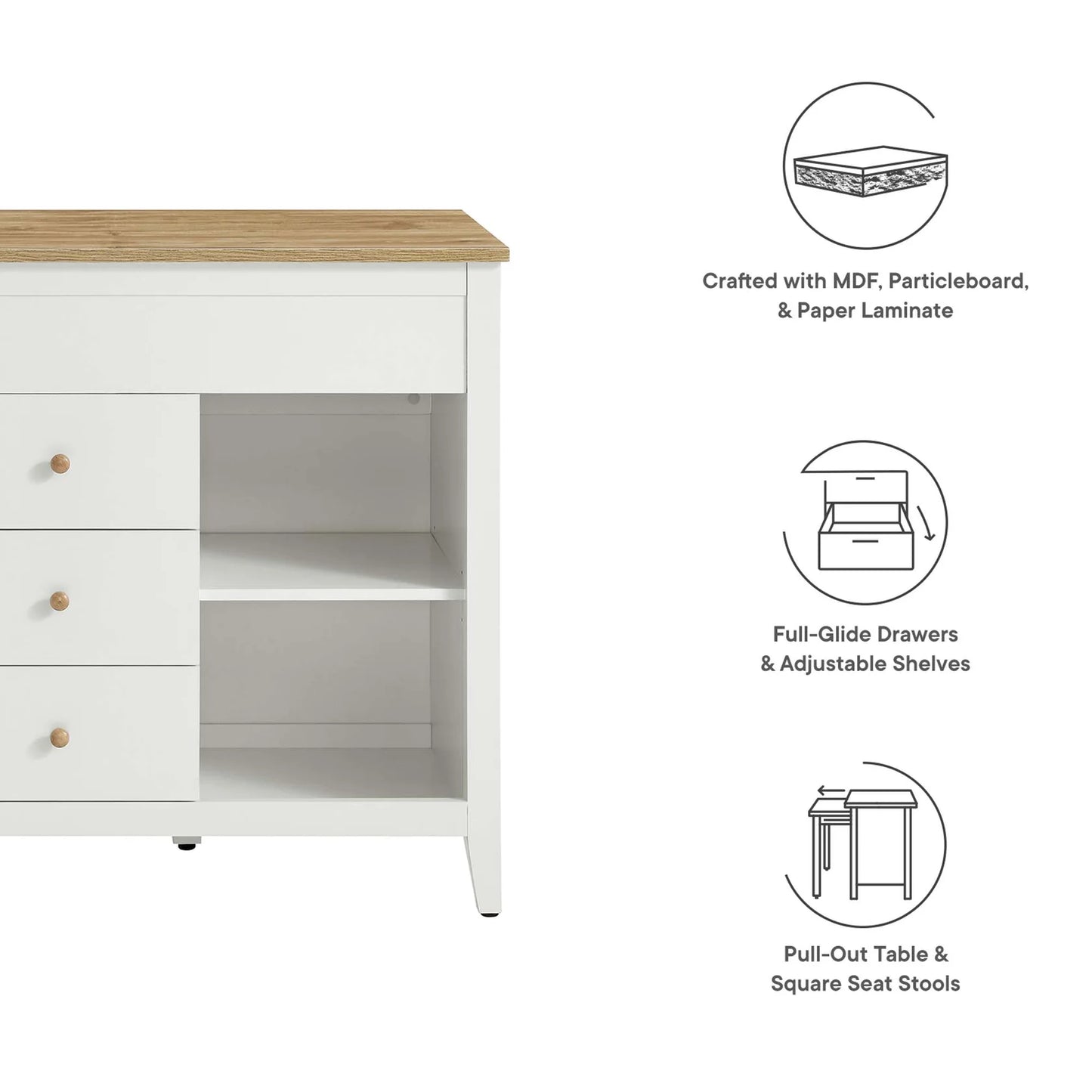 Farmstead 3-Piece Kitchen Island Set – Includes a Pull-Out Table and Adjustable Stools Offering a Versatile and Stylish Solution for Your Kitchen.