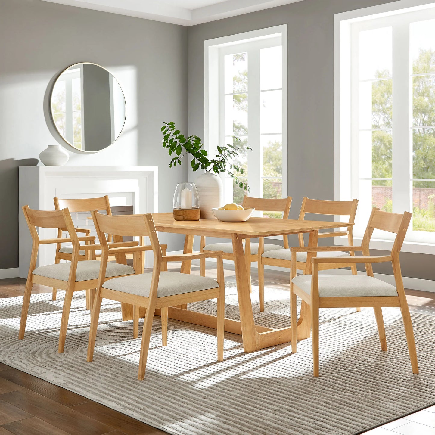 Solara 7-Piece Wood Dining Set – Modern Table with Fabric Upholstered Side Chairs for Stylish Dining Rooms