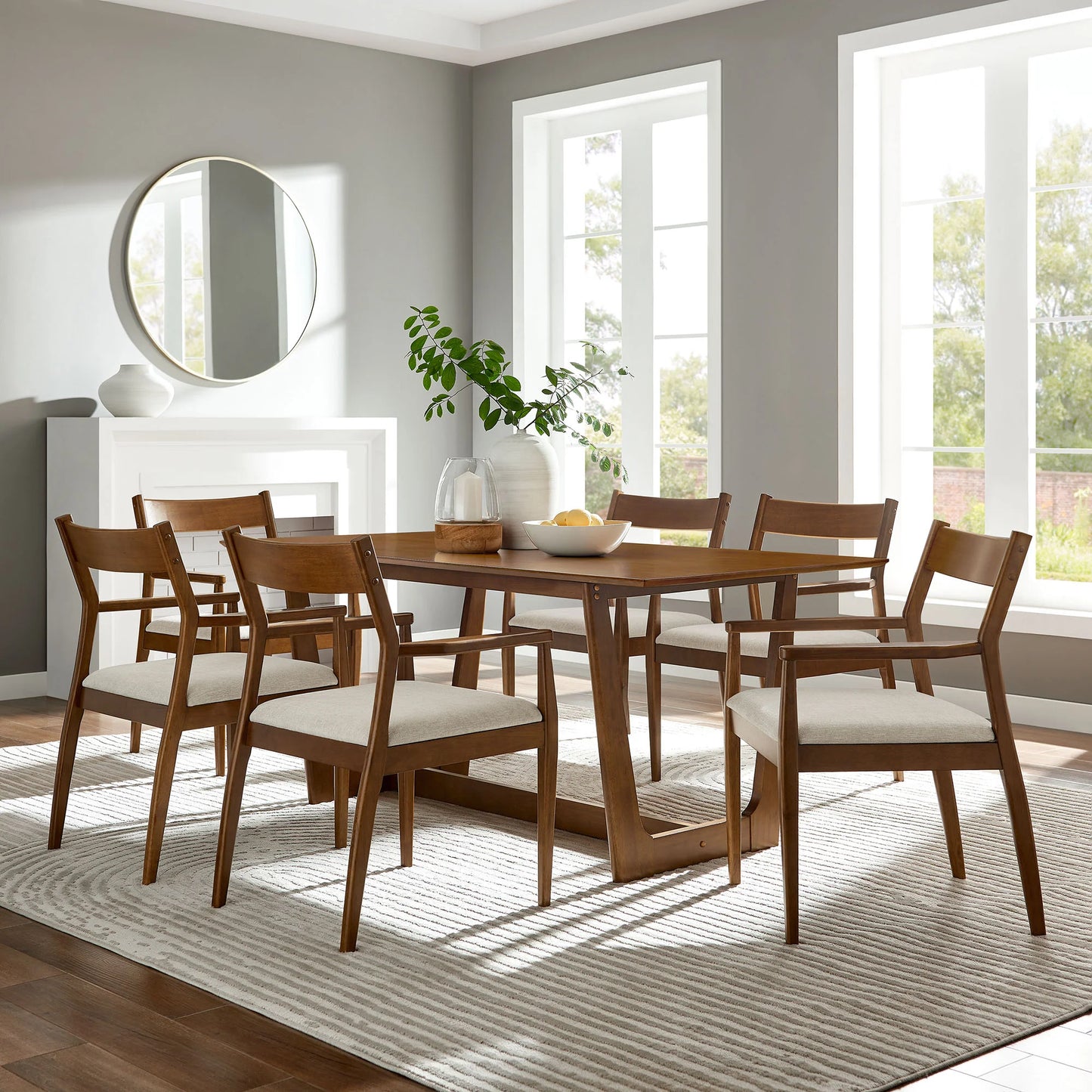 Solara 7-Piece Wood Dining Set – Modern Table with Fabric Upholstered Side Chairs for Stylish Dining Rooms