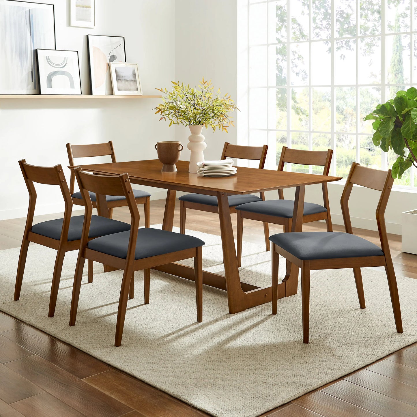 Solara 7-Piece Wood Dining Set – Modern Table with Fabric Upholstered Side Chairs for Stylish Dining Rooms