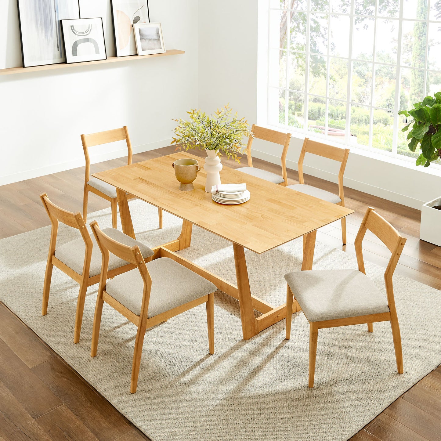 Solara 7-Piece Wood Dining Set – Modern Table with Fabric Upholstered Side Chairs for Stylish Dining Rooms
