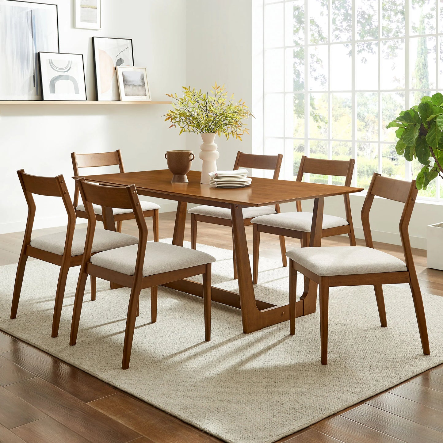 Solara 7-Piece Wood Dining Set – Modern Table with Fabric Upholstered Side Chairs for Stylish Dining Rooms