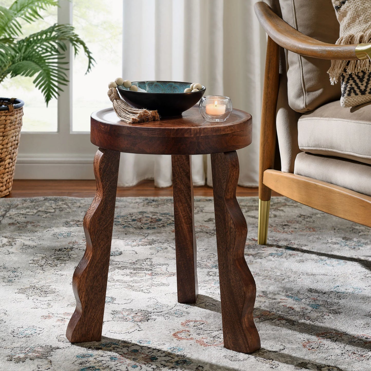 Sorrel Carved Wood Stool in Walnut – Handcrafted Accent Stool for Rustic and Modern Interiors