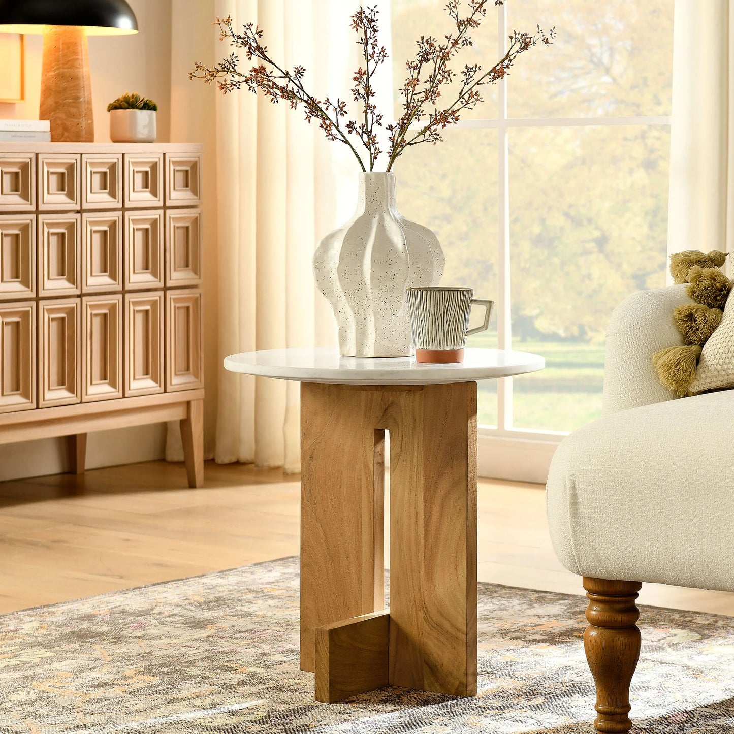Tarin Acacia Wood and Marble Side Table – Natural Finish Modern Accent Table for Living Rooms