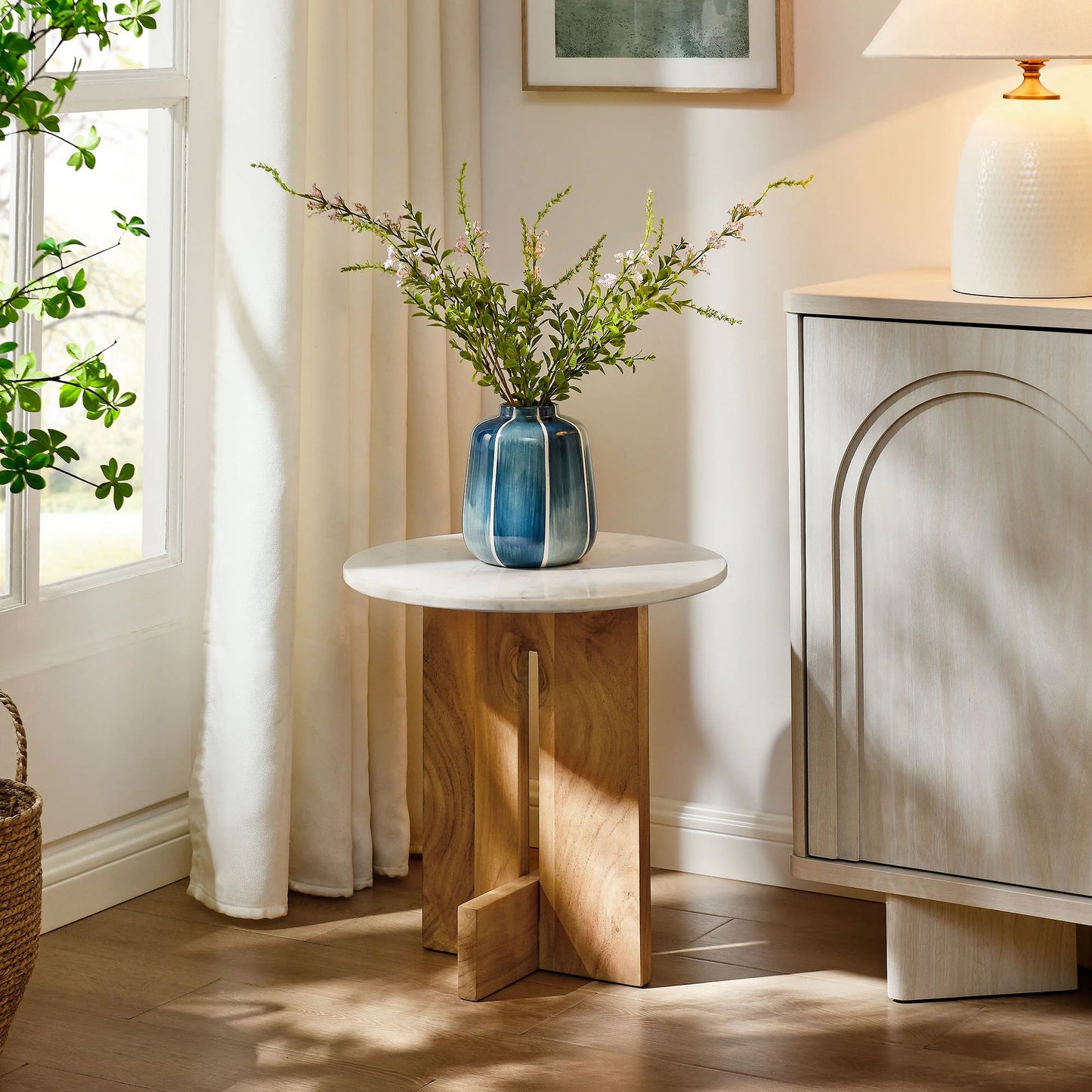 Tarin Acacia Wood and Marble Side Table – Natural Finish Modern Accent Table for Living Rooms