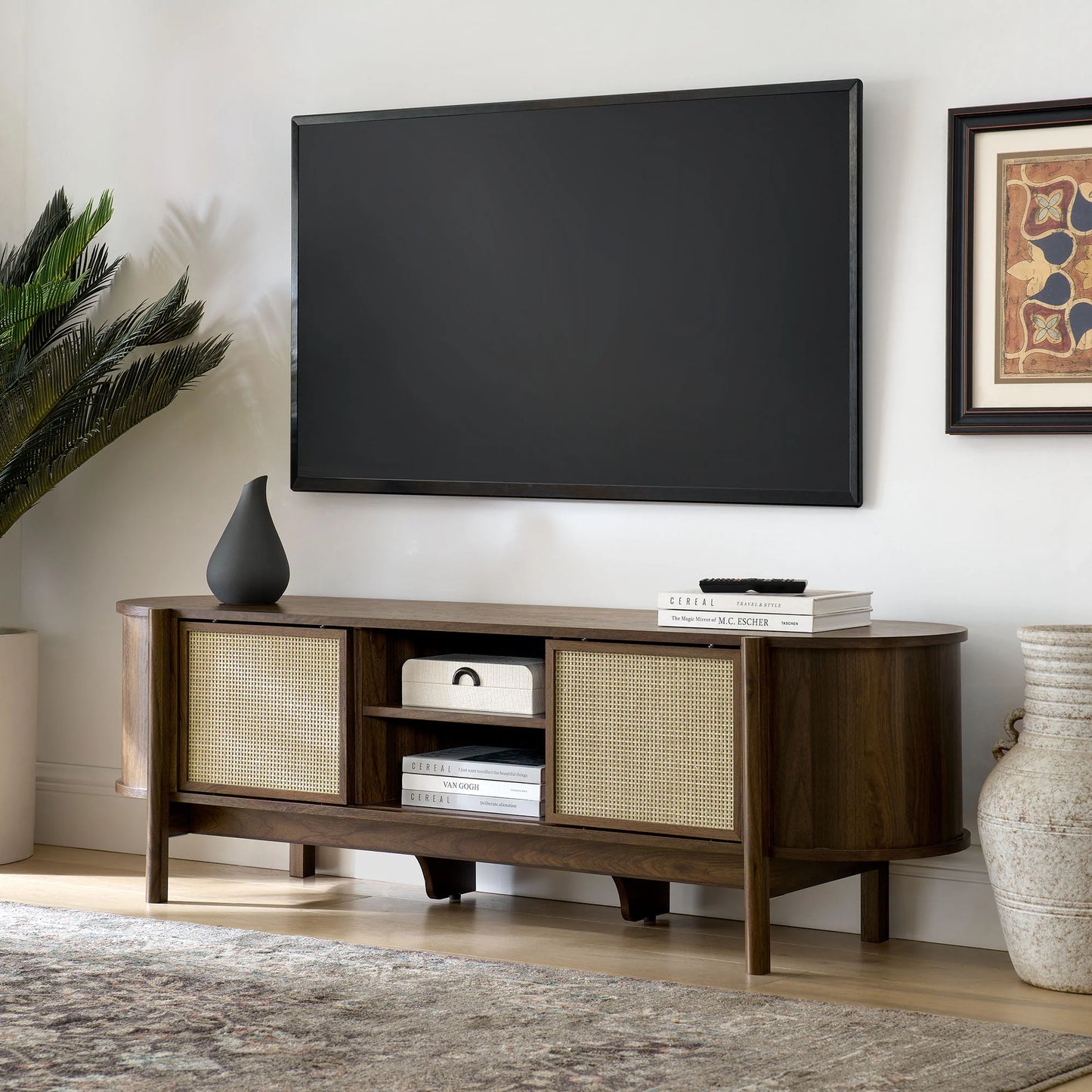 Reid 61" TV Stand in Walnut – Modern and Elegant Entertainment Center for Stylish Living Rooms