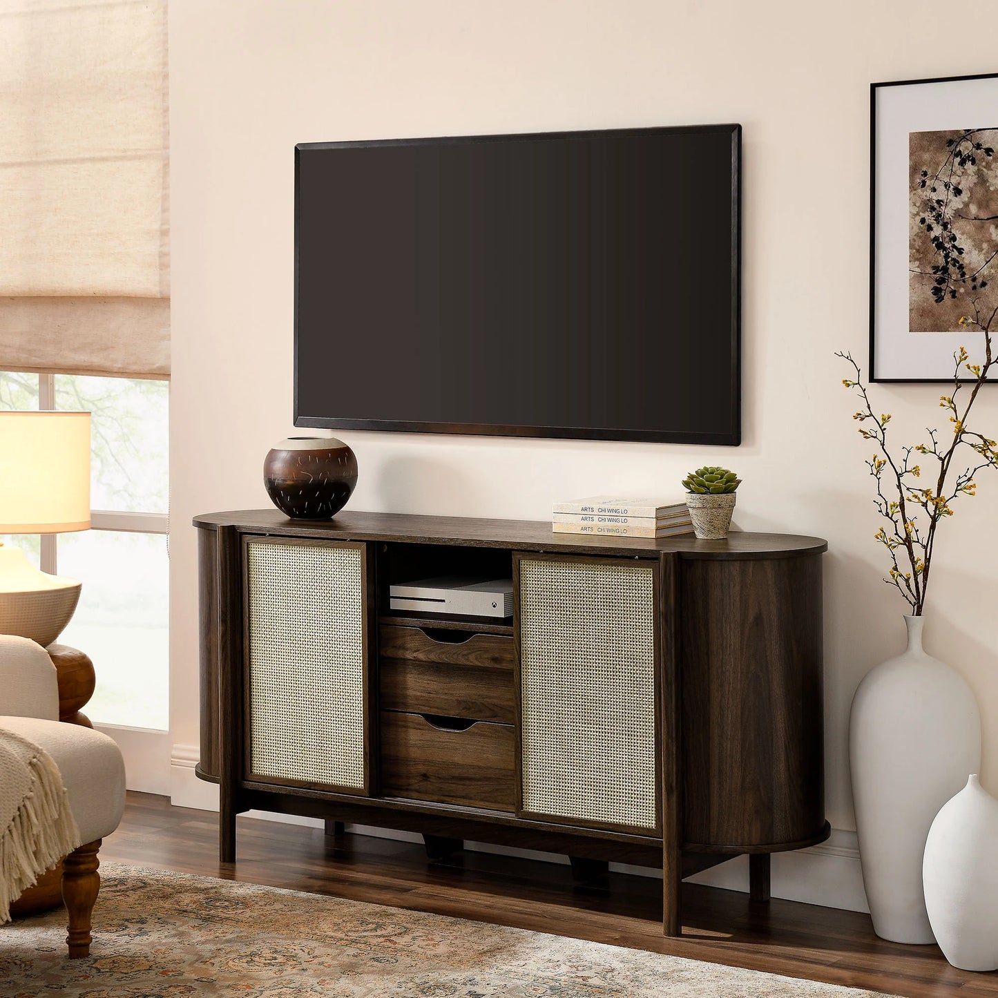 Reid 63" Curved Sideboard in Walnut – Stylish and Functional Storage Solution for Modern Dining Rooms