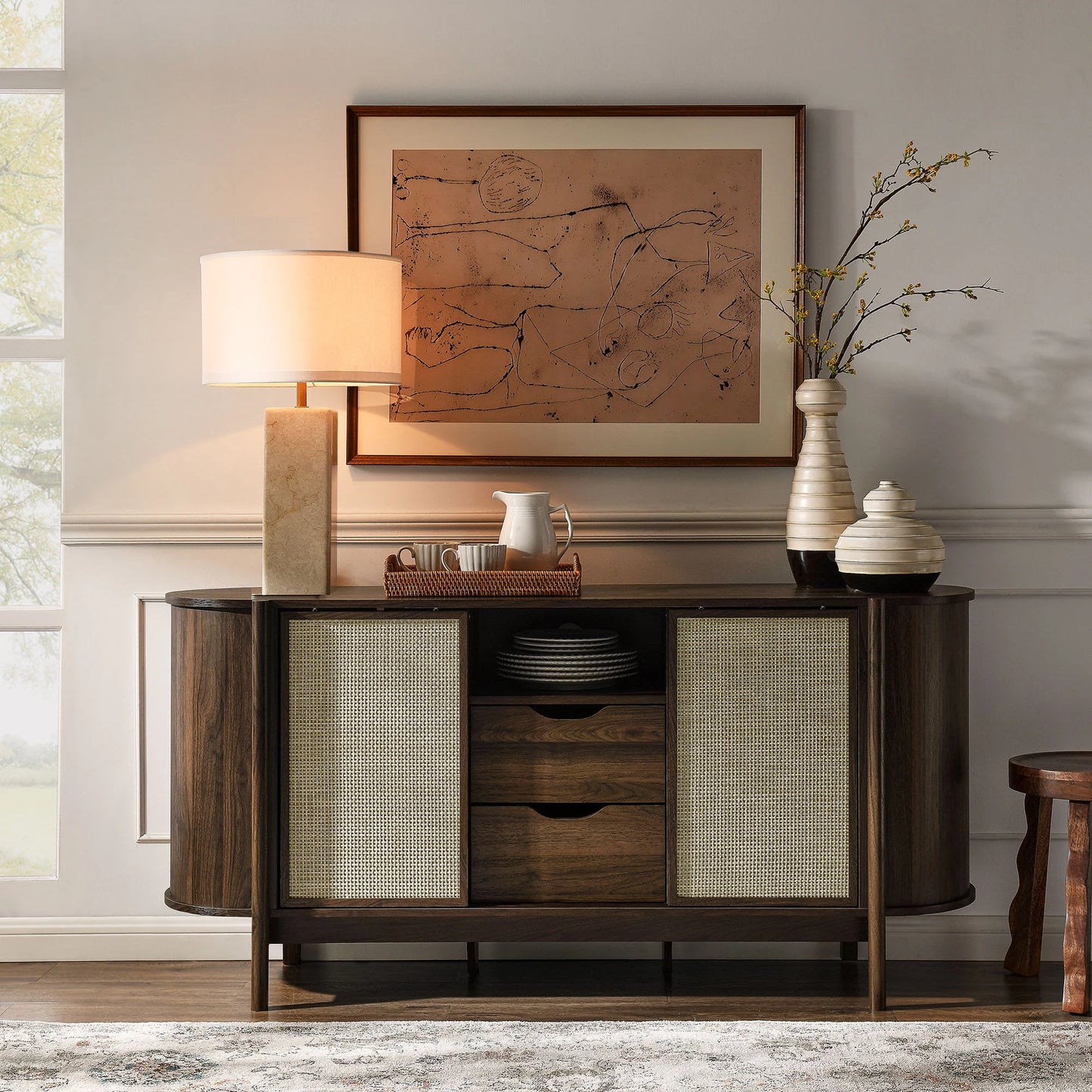 Reid 63" Curved Sideboard in Walnut – Stylish and Functional Storage Solution for Modern Dining Rooms
