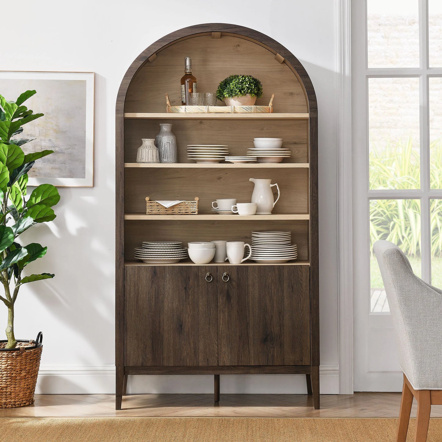 Nolan 74" Tall Arched Storage Display Cabinet Bookshelf – Stylish Storage and Display Solution for Modern Living Rooms
