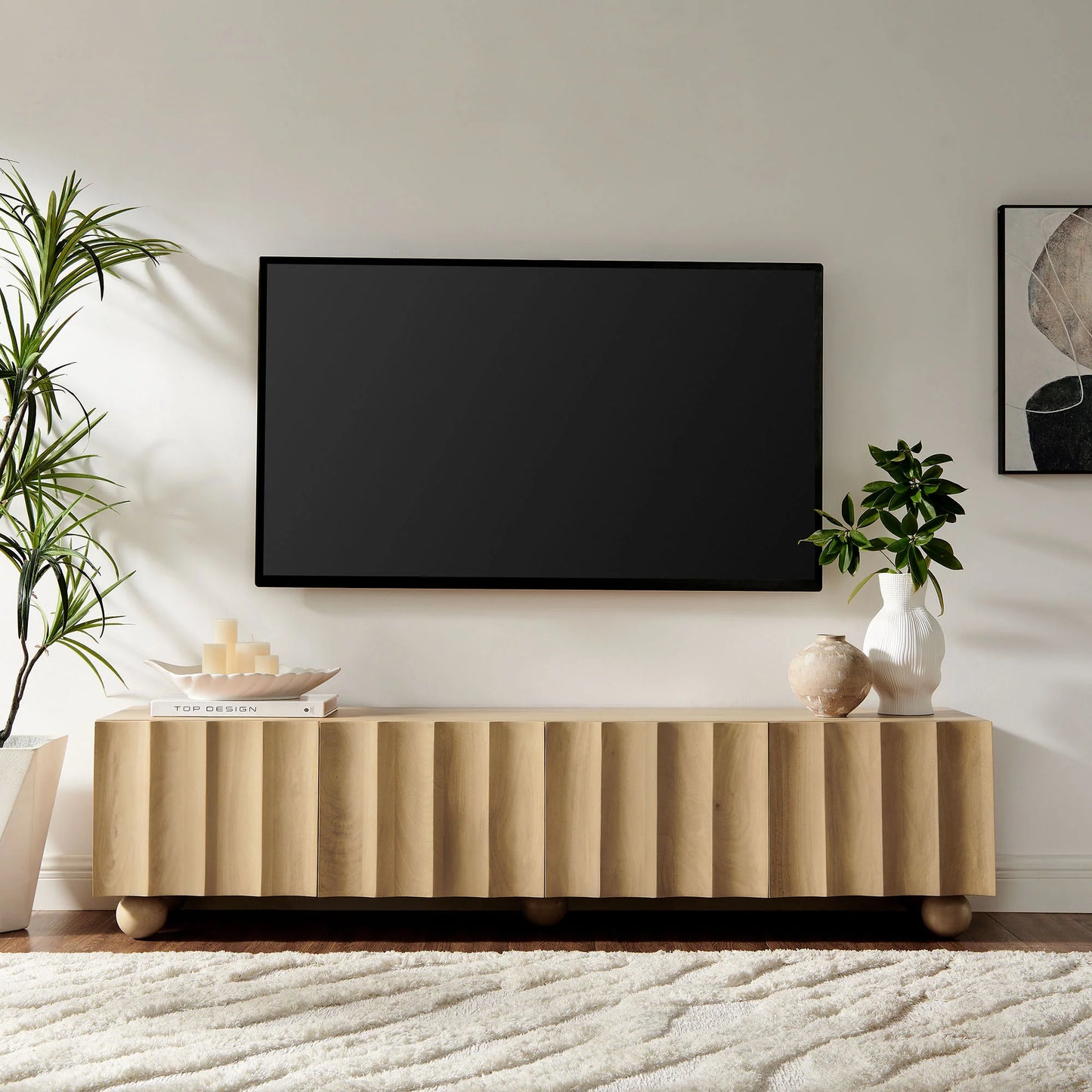 Sorren Scalloped 71" Wood TV Stand – Elegant Media Console with Carved Detailing for Stylish Entertainment Spaces