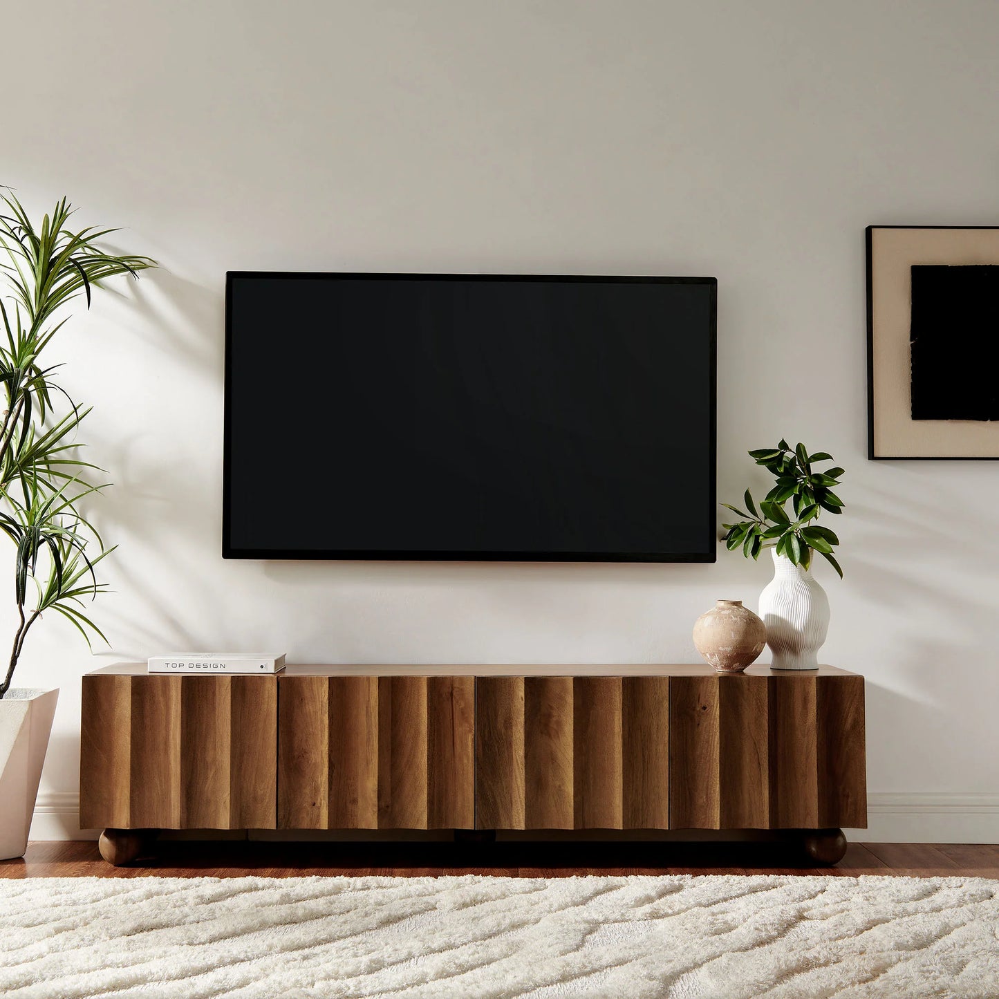 Sorren Scalloped 71" Wood TV Stand – Elegant Media Console with Carved Detailing for Stylish Entertainment Spaces