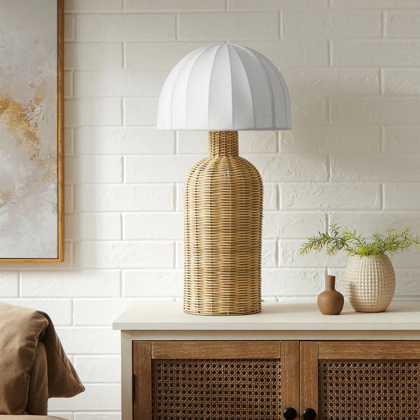 Santo Rattan Table Lamp with Dome Shade β White Natural Rattan for Boho Chic Accent Lighting