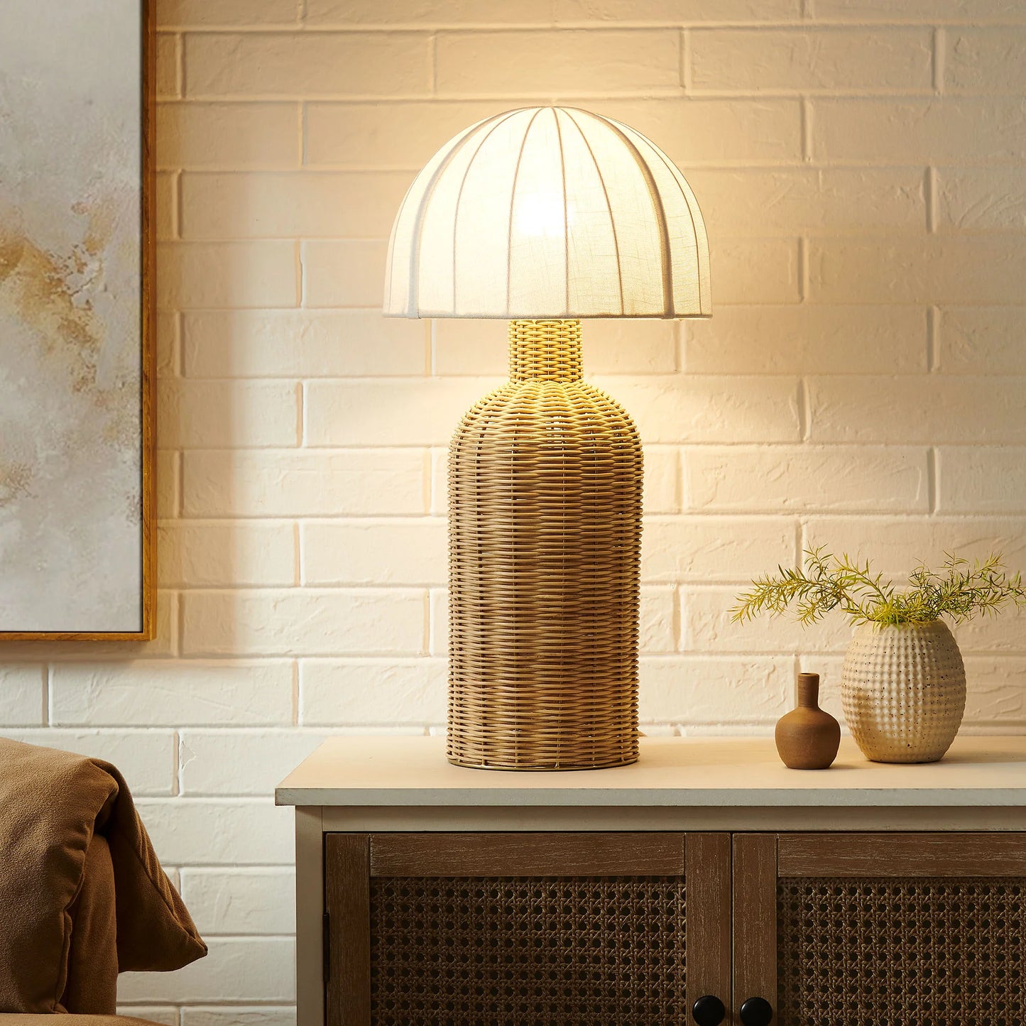 Santo Rattan Table Lamp with Dome Shade – White Natural Rattan for Boho Chic Accent Lighting