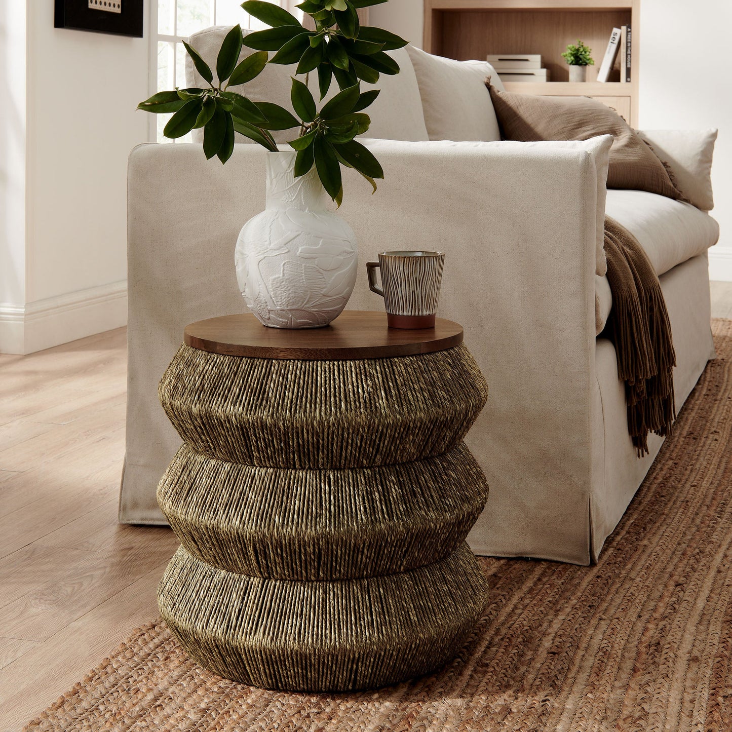Maris Seagrass & Wood End Table – Coastal Elegance in Natural Walnut Finish